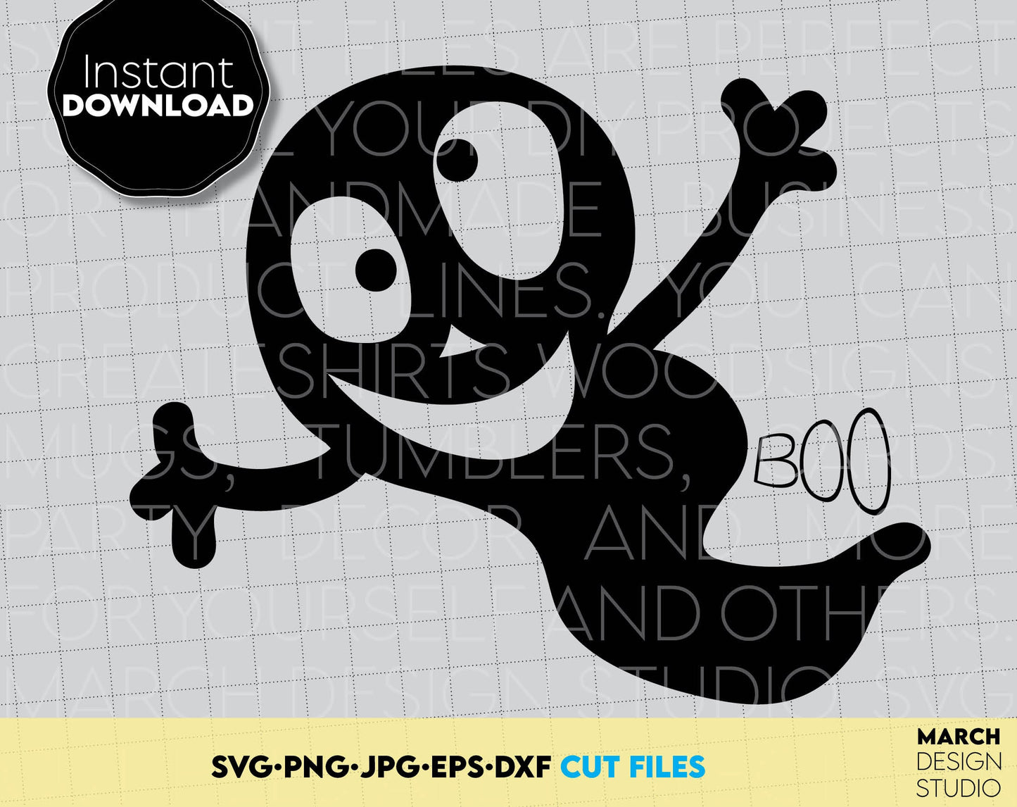 Boo SVG design for your Halloween evening project. The SVG, PNG, DXF, EPS or JPG file format allows this design to be used for shirts, mugs, wall decorations or front porch door decorations. Compatible with Cricut, Glowforge or Silhouette equipment.