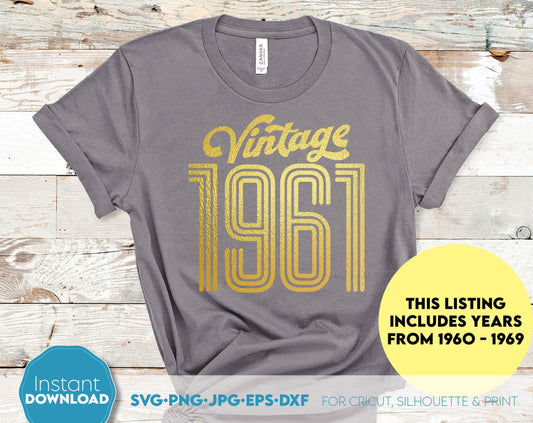 Vintage Birthday Shirt design for your birthday gift or a holiday treat for yourself. Ability to sublimate and use with vinyl cutting machines. Great design at a great price - buy now! Use with Cricut, Silhouette and Glowforge equipment. Laser Cut.