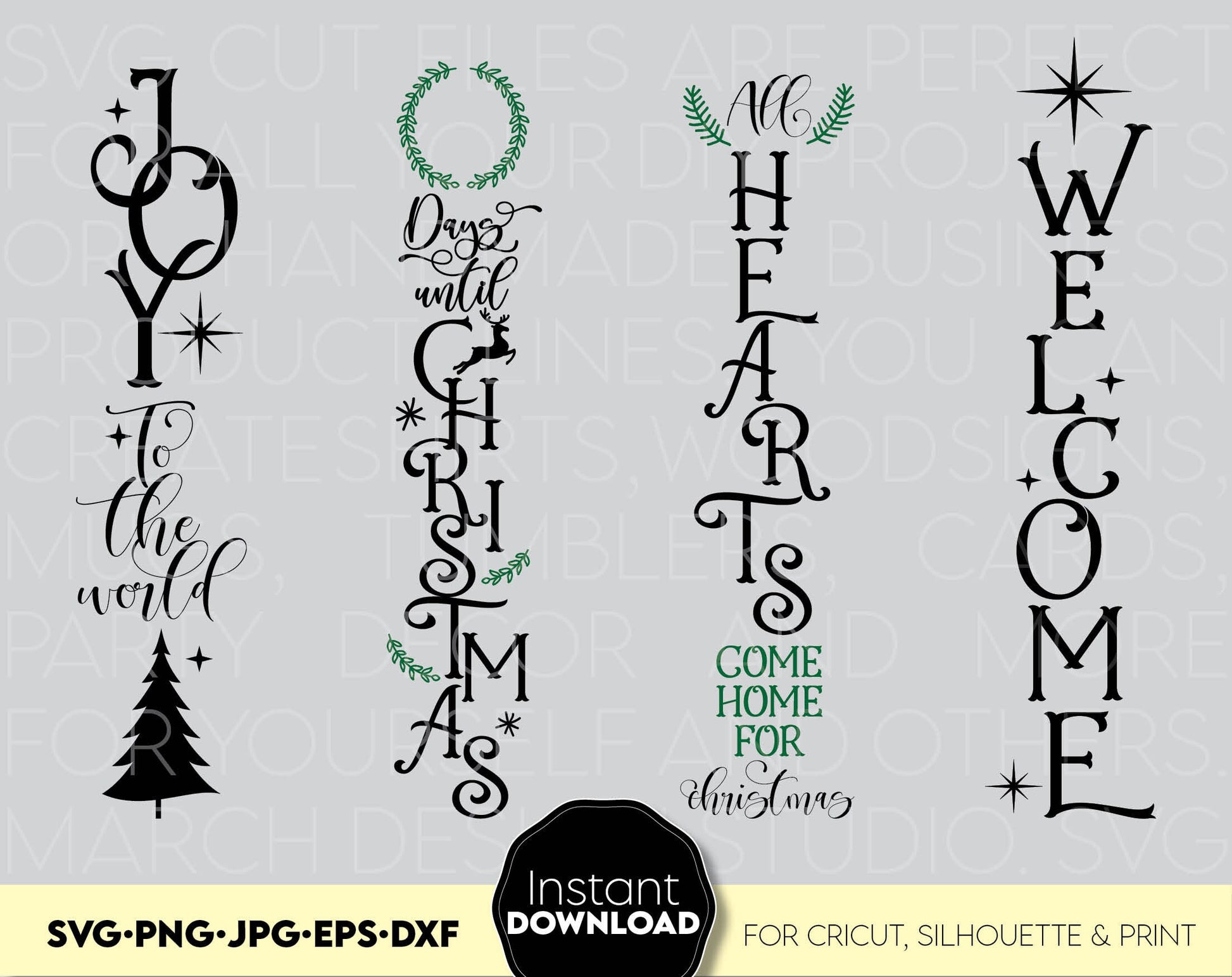 Christmas Front Porch Signs Set SVG designs you can use them to surprise and delight your loved ones on Christmas. Christmas Signs SVG Bundles files in various formats allow you to use with Cricut, Silhouette equipment, or use as laser cut files.