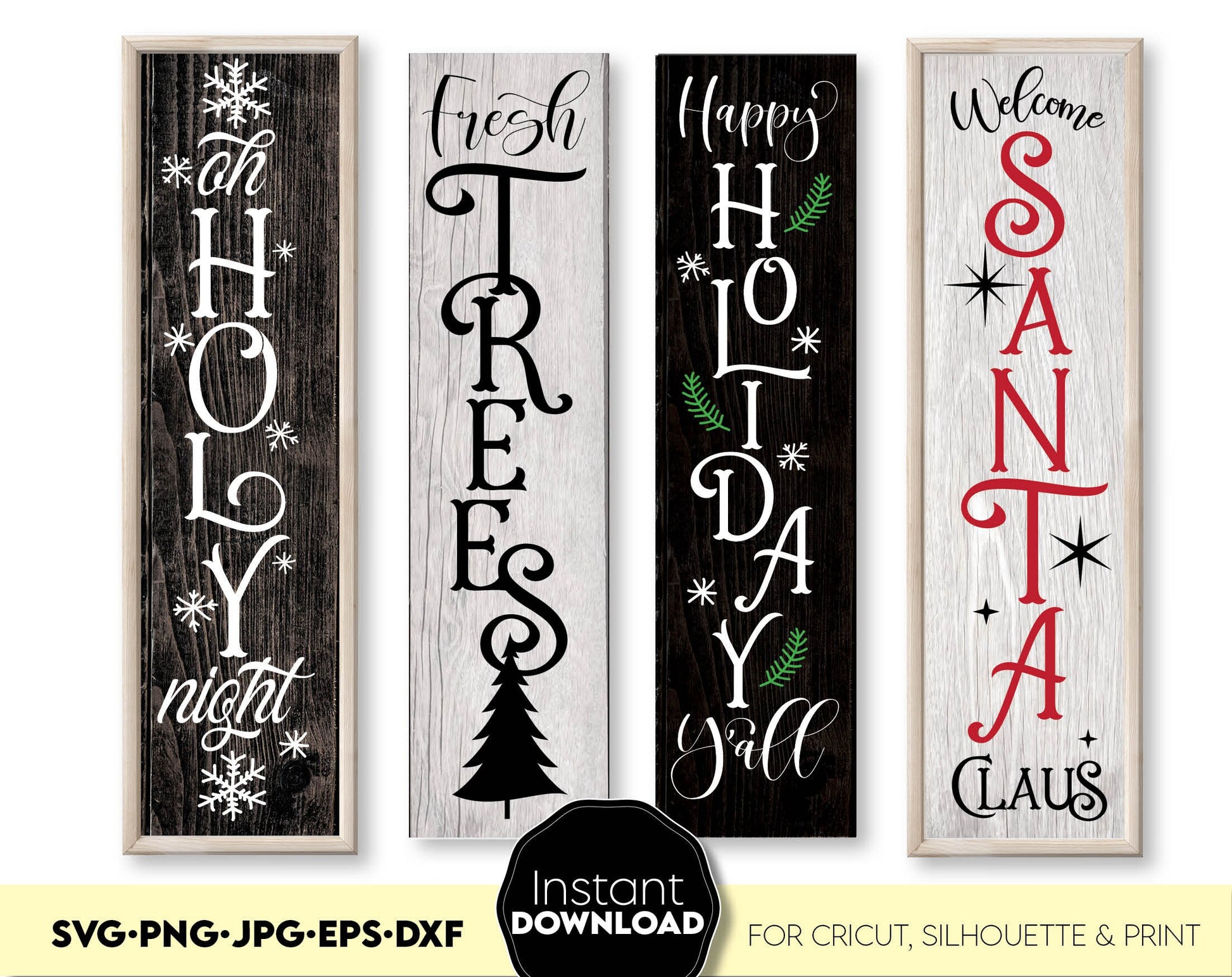 Christmas Vertical Sign Bundle for Your Christmas home ornaments. SVG, PNG, JPG, EPS, DXF files included.Cut from vinyl, use for sublimation or laser cut or grave projects. Compatible with Cricut, Silhouette or other machines. Buy now and enjoy!