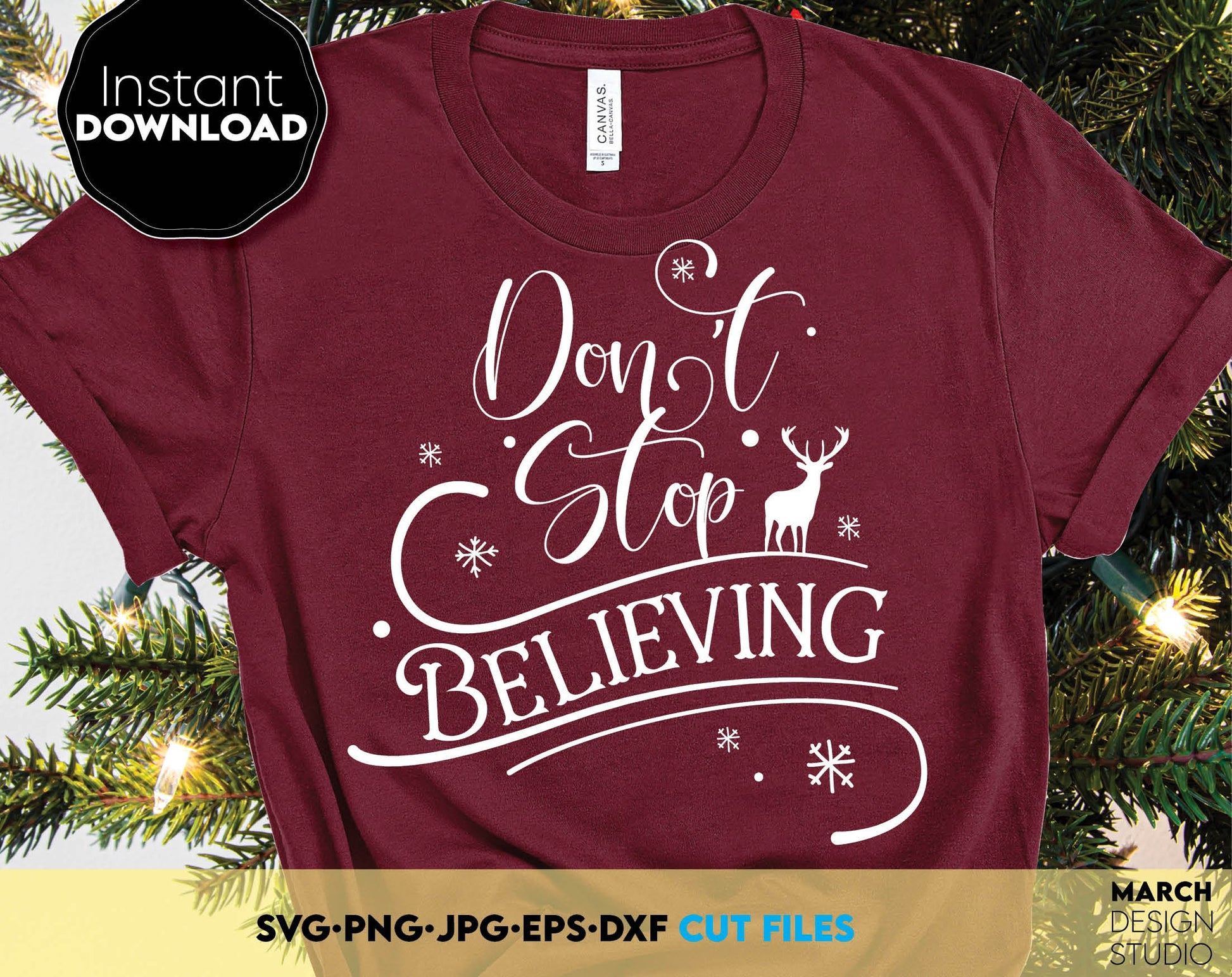 Don`t stop believing Christmas Svg Shirts design for Family Christmas. SVG PNG JPG EPS DXF files included. Compatible with Cricut, Silhouette or other equipment. Cut from vinyl, use for sublimation or laser cut projects. Buy now for a good price!