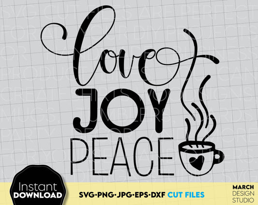 Love Joy Peace Christmas design to surprise and delight your loved ones on Christmas. JPG, SVG, PNG, DXF, EPS files allow you to use designs for engraving on glass, making shirts, tumblers, ornaments with Cricut, Glowforge Silhouette equipment.