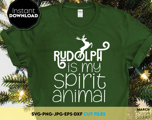 Rudolph is my spirit animal you can use them to surprise and delight your loved ones on Christmas. Christmas quote in various formats allow you to use designs for engraving on glass, making shirts, tumblers, ornaments with Cricut or Silhouette.