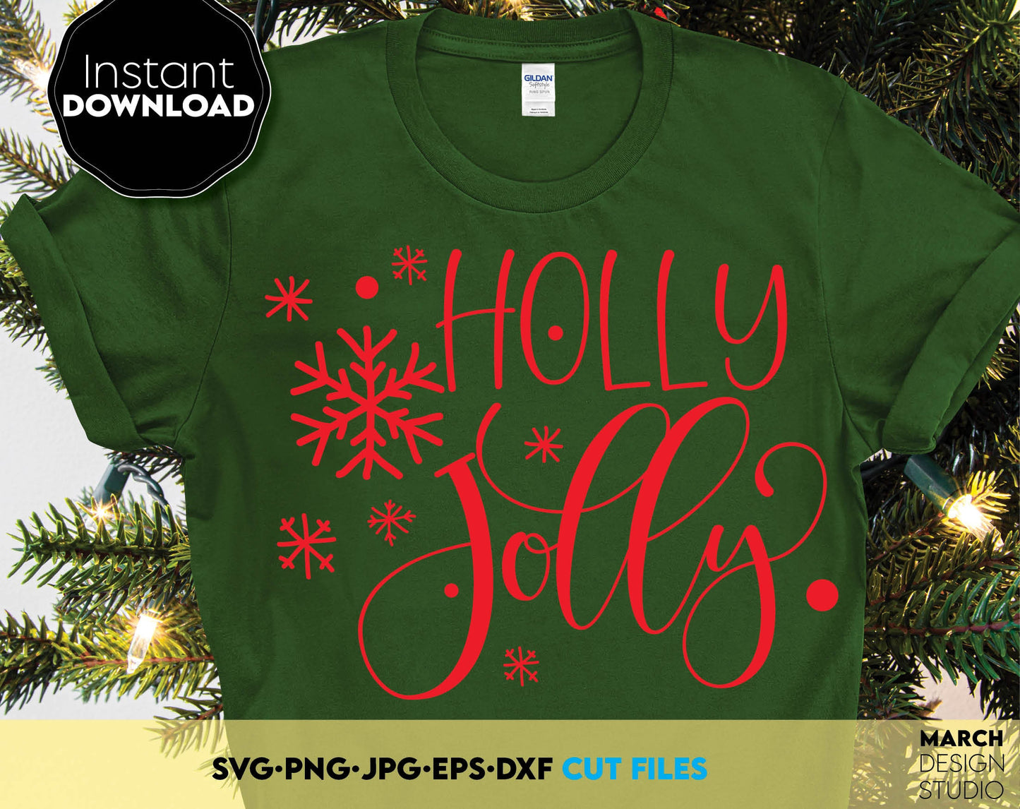 Holly Jolly Christmas Shirt Design for Your Christmas Gift ideas. SVG PNG JPG EPS DXF files included. Compatible with Cricut, Silhouette or other equipment. Cut from vinyl, use for sublimation or laser cut projects. Buy now for a good price and enjoy