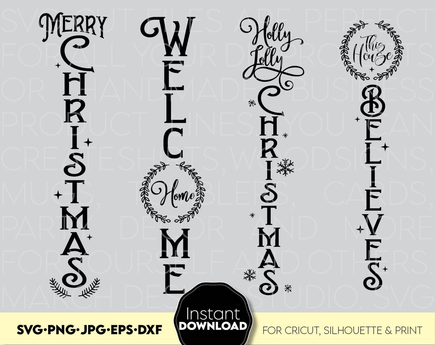 Christmas Vertical Signs SVG Bundle. Design you can use to surprise and delight your loved ones on Christmas. Christmas Ornament in various formats allow you to use this files for any Your Christmas project. Use with laser Cutting machines as well.