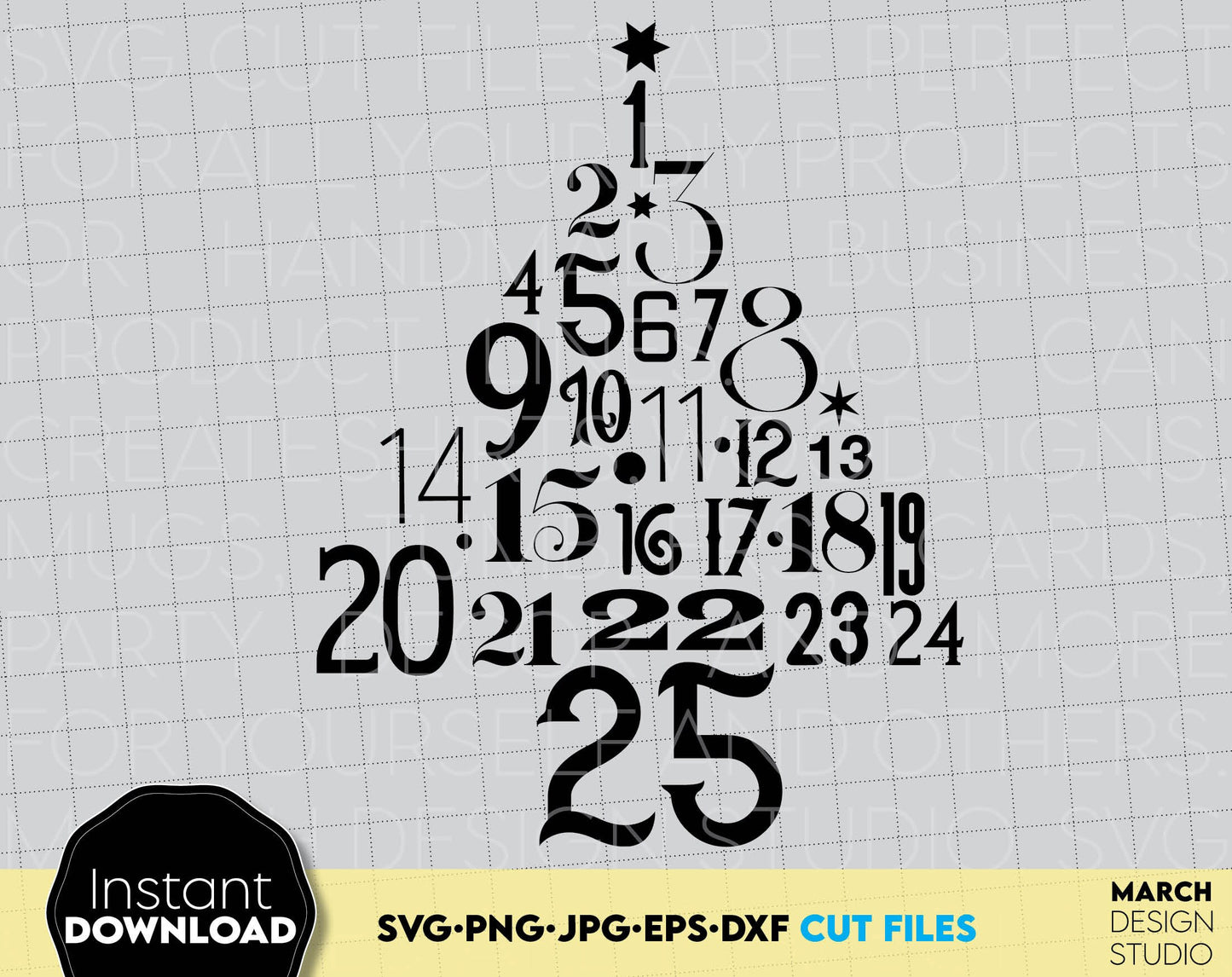 Christmas Ornaments for Your Advent Calendar. SVG PNG JOG EPS DXF files included. Compatible with Cricut, Silhouette or other equipment. Cut from vinyl, use for sublimation or laser cut / grave projects. Buy now for a good price and enjoy!