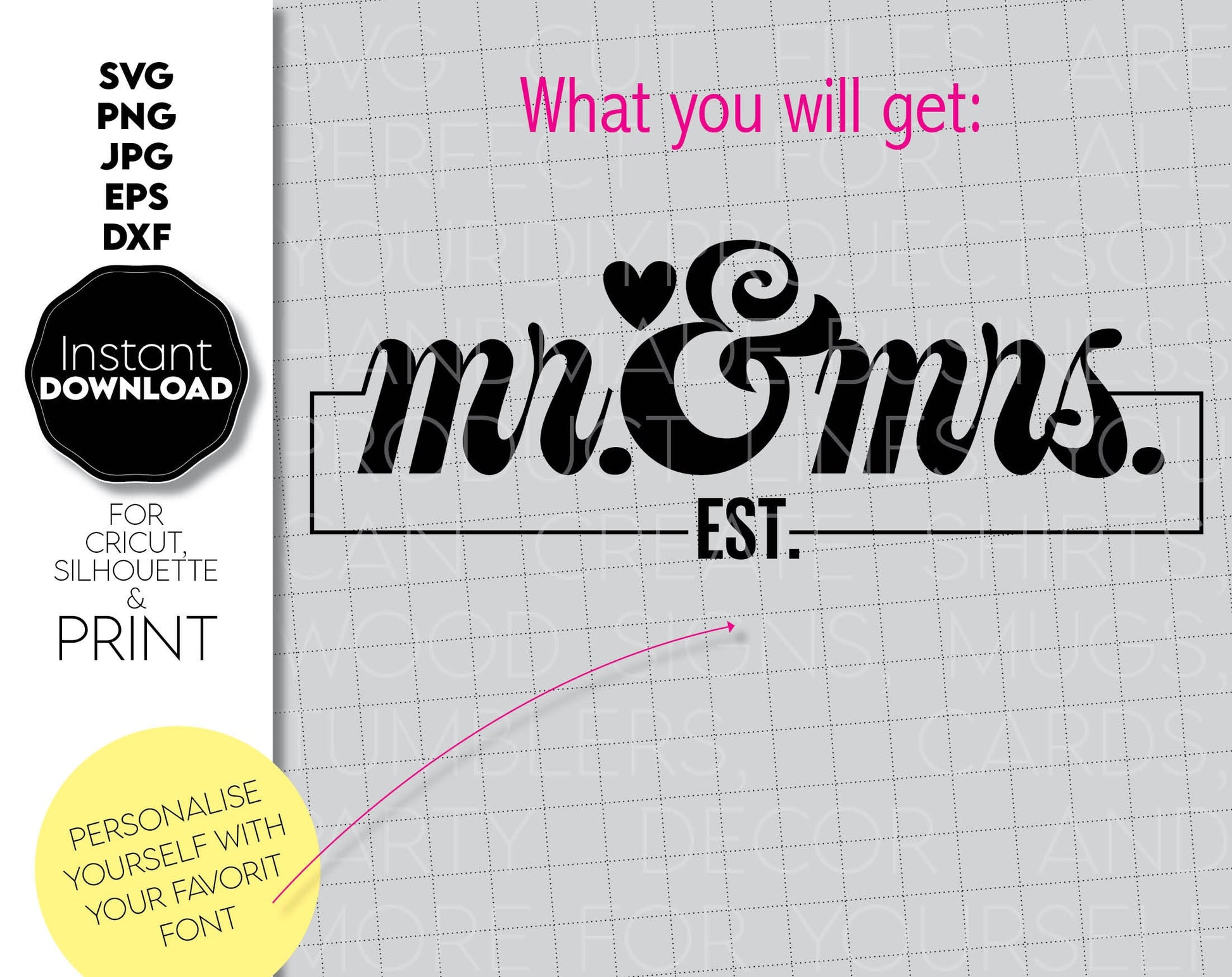 Mr. and Mrs. is a great design for those who are just married. Shirt with Mr. Mrs. design will be great as an outfit for a honeymoon.
SVG, DXF, PNG, JPG and EPS file formats are compatible with Cricut, Silhouette, Glowforge and others machines.