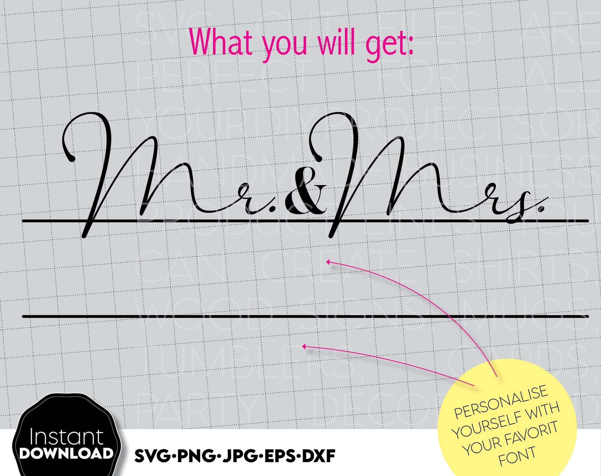 mr and mrs sign file design you can use them to surprise and delight your loved ones in an important event in life.
Mr and Mrs svg are great and thoughtful gifts for weddings, wedding anniversaries. Compatible with Cricut, Silhouette. buy now! Enjoy!