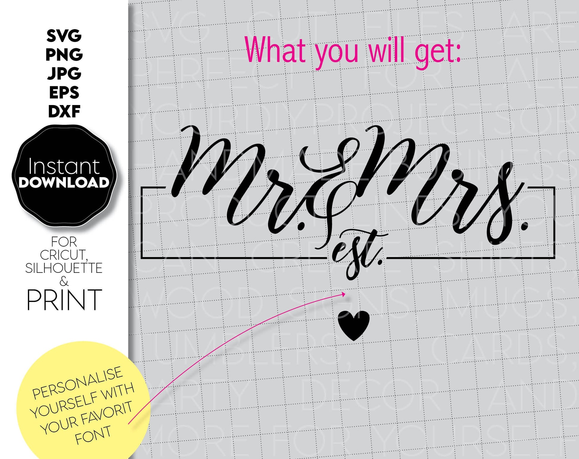 Mr and Mrs design are great gift for weddings, wedding anniversaries, etc.
Wedding SVG files allow you to use designs for engraving on glass, making t-shirts with Cricut, Silhouette or Glowforge equipment or cutting it out from wood. Buy now!