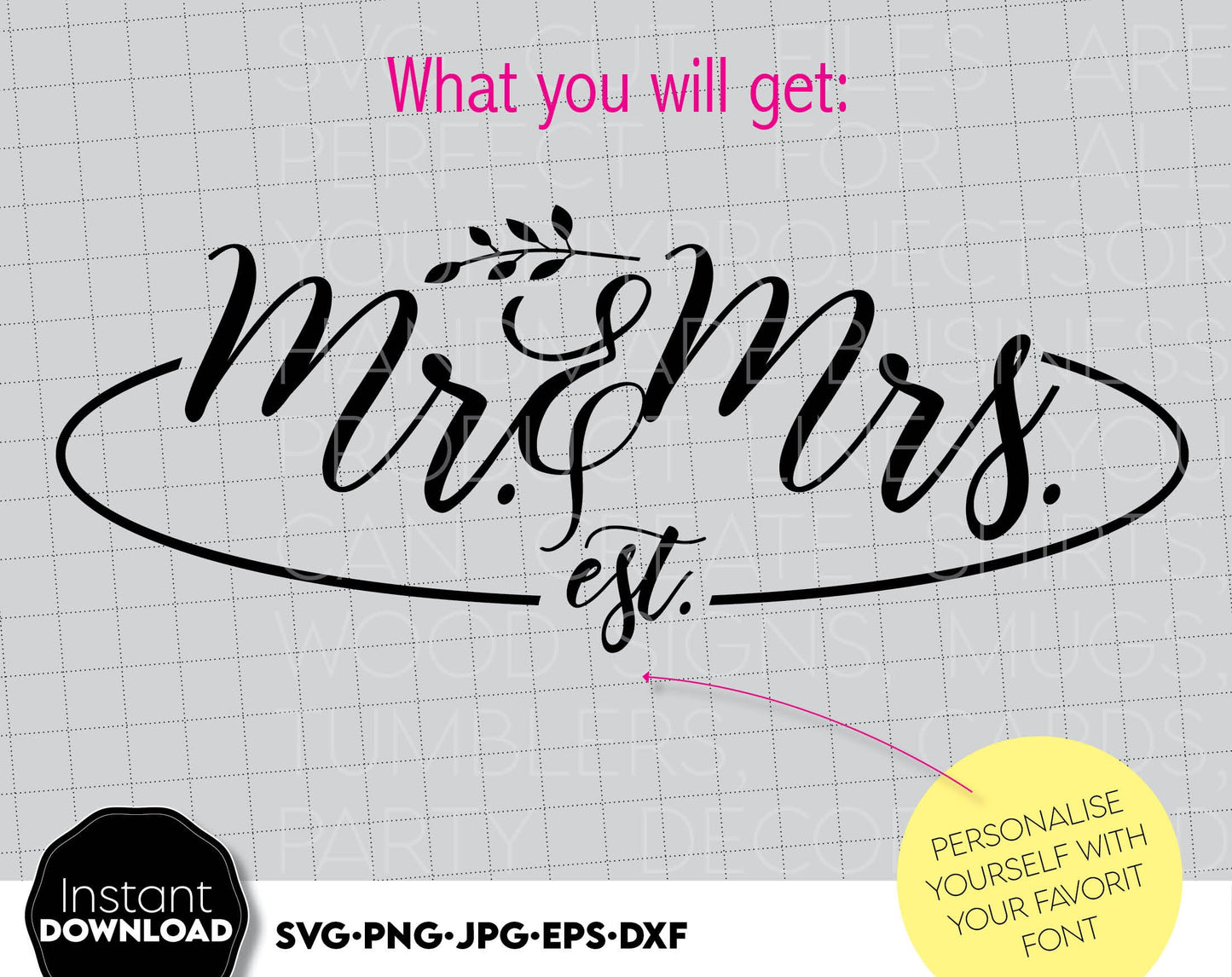 These Mr. and Mrs. weding Sign design, you can use them to surprise your loved ones. Just click ADD TO CARD.
You can use wedding sign to make gifts for various important events, like -  Christmas, Birthdays, Weddings. Buy now for a good price, enjoy!