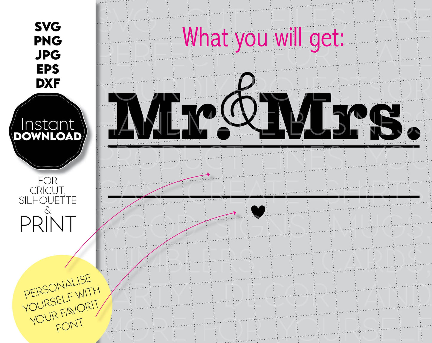 Mr and Mrs split wedding sign design for Your gift projects or home decoration. 
Files allow you to use designs for engraving on glass, making shirts, tumblers with Cricut, Silhouette. Monogram files also designed and easy to use for laser cutting.