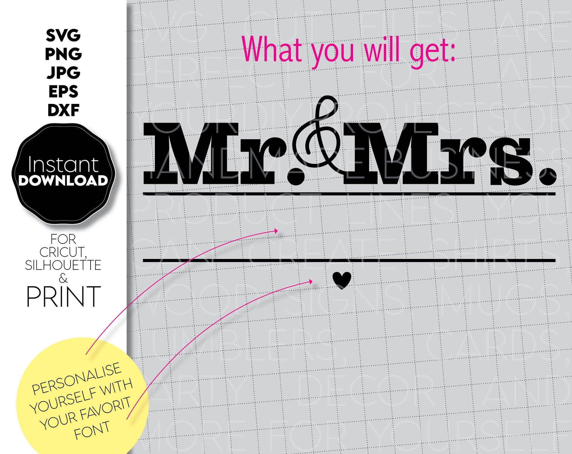 Mr and Mrs split wedding sign design for Your gift projects or home decoration. 
Files allow you to use designs for engraving on glass, making shirts, tumblers with Cricut, Silhouette. Monogram files also designed and easy to use for laser cutting.