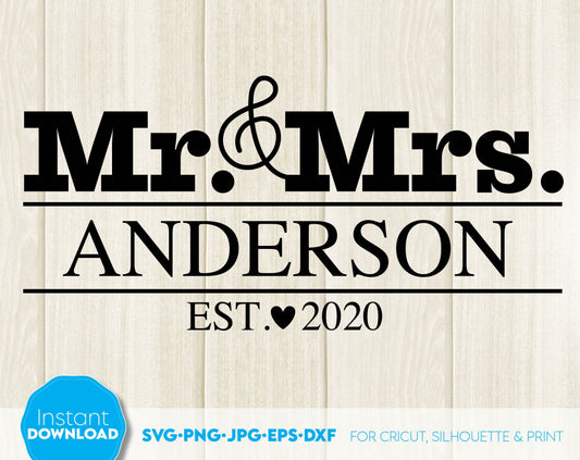 Mr and Mrs split wedding sign design for Your gift projects or home decoration. 
Files allow you to use designs for engraving on glass, making shirts, tumblers with Cricut, Silhouette. Monogram files also designed and easy to use for laser cutting.