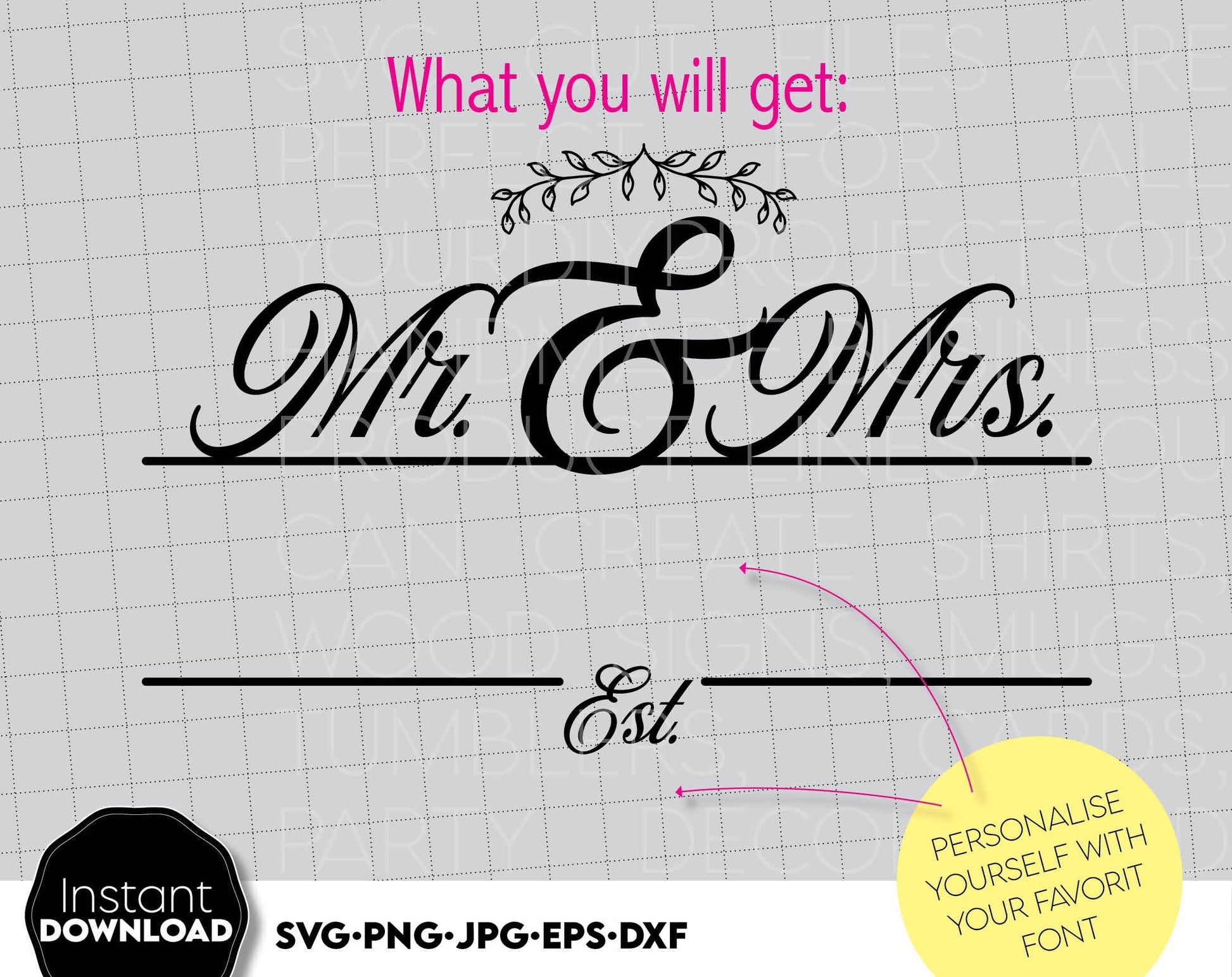 Mr. and Mrs. wedding SVG file design you can use them to surprise and delight your loved ones in an important event in life. Mr and Mrs svg are great and thoughtful gifts for weddings, wedding anniversaries, etc. Use for cutting from vinyl or laser.