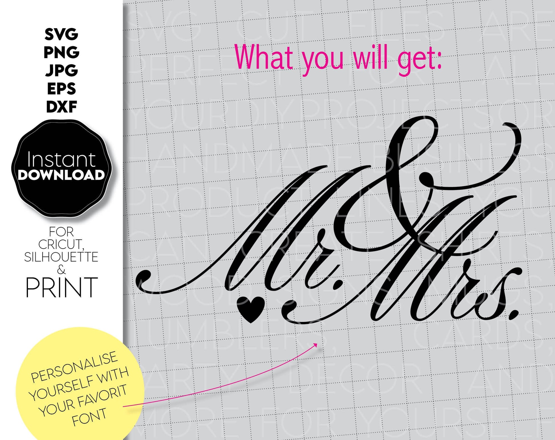 Mr. and Mrs. sign for your wedding decoration or use as gift. JPG, SVG, DXF, EPS, PNG file formats allow use this design with vinyl, sublimation or laser cut files. Compatible with Cricut, Silhouette or other machines. Buy now for a good price!