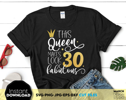 30 and fabulous 30th Birthday shirt design. Thirty Birthday SVG is a great and thoughtful gift for a Birthday party. SVG, PNG, DXF, EPS and JPG files included. Cut form vinyl, sublimation or laser cut projects. Compatible with Cricut, Silhouette.