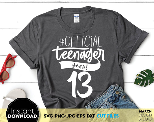 Official teenager 13 shirt design for teenager birthday party. SVG PNG JPG EPS DXF files included. Compatible with cricut, silhouette or other equipment. Cut from vinyl, use for sublimation or laser cut projects. Buy now for a good price and enjoy!