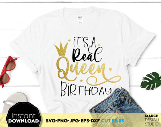 Birthday Queen Shirt design for your birthday gift or to make a holiday treat for yourself. Ability to sublimate and use with vinyl cutting machines. Great design at a great price - buy now! SVG, PNG, JPG, EPS and DXF files included. Use with Cricut.