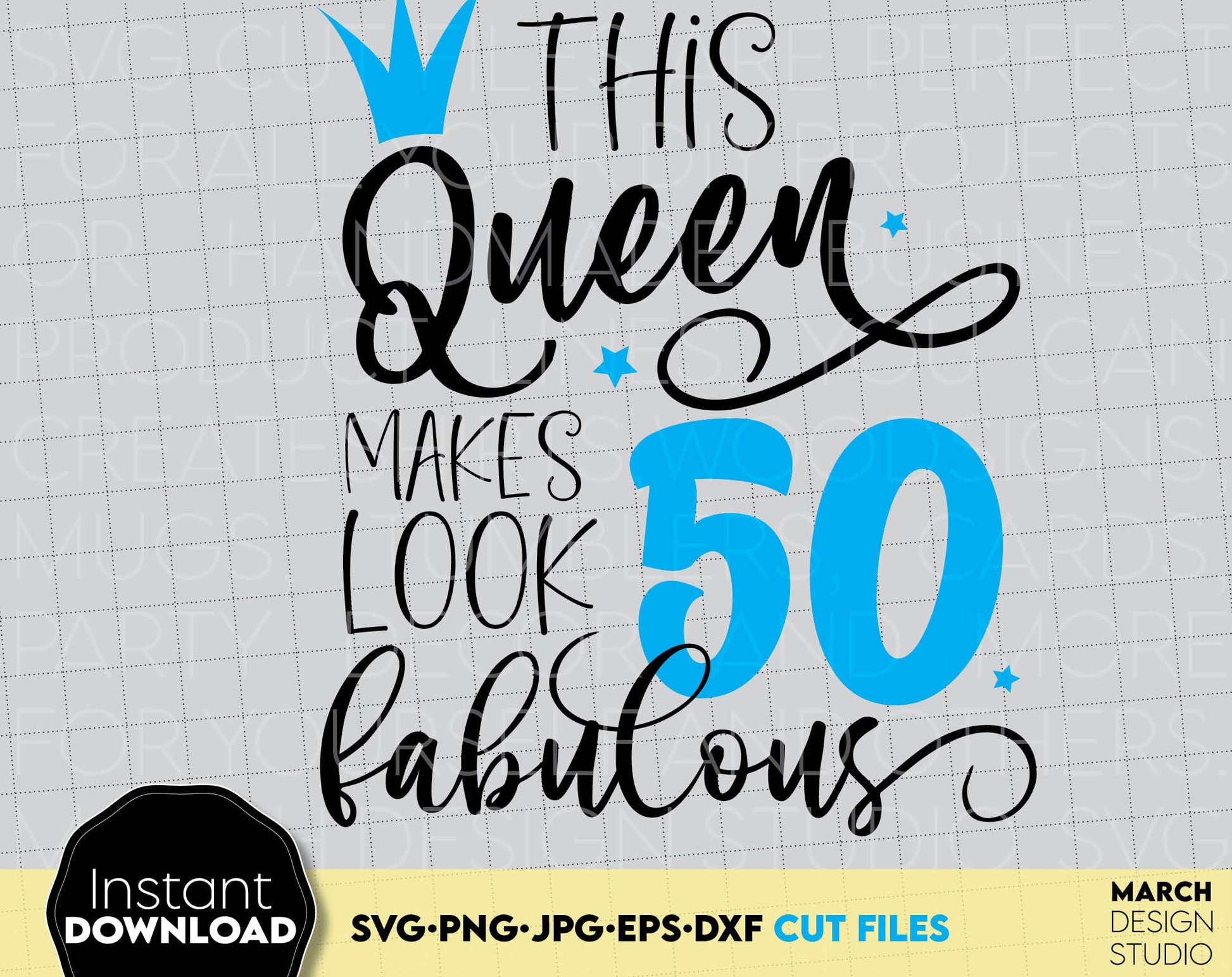 50 and fabulous birthday queen shirt design, with golden crown and number on it. SVG, PNG, JPG, EPS, DXF files included. Cut from vinyl, use for sublimation or other projects. Compatible with Cricut, Silhouette or other equipment. Buy now and enjoy!