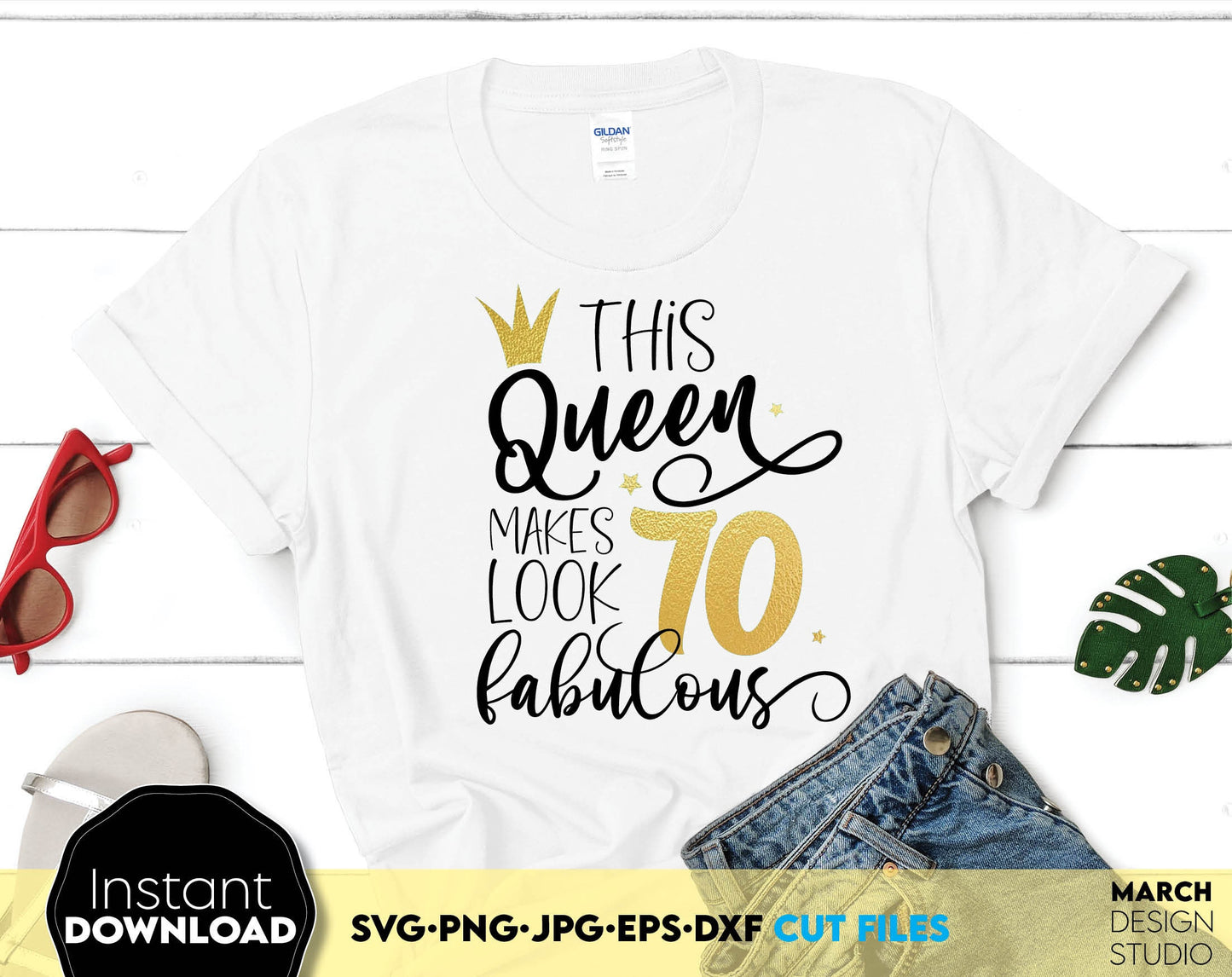 70th Birthday Queen design for Your Gift Project. Cut from vinyl or use as sublimation file. Golden design is royal and beautiful. SVG PNG DXF EPS JPG files included. Compatible with Cricut, Silhouette, Glowforge equipment. Buy now and enjoy!