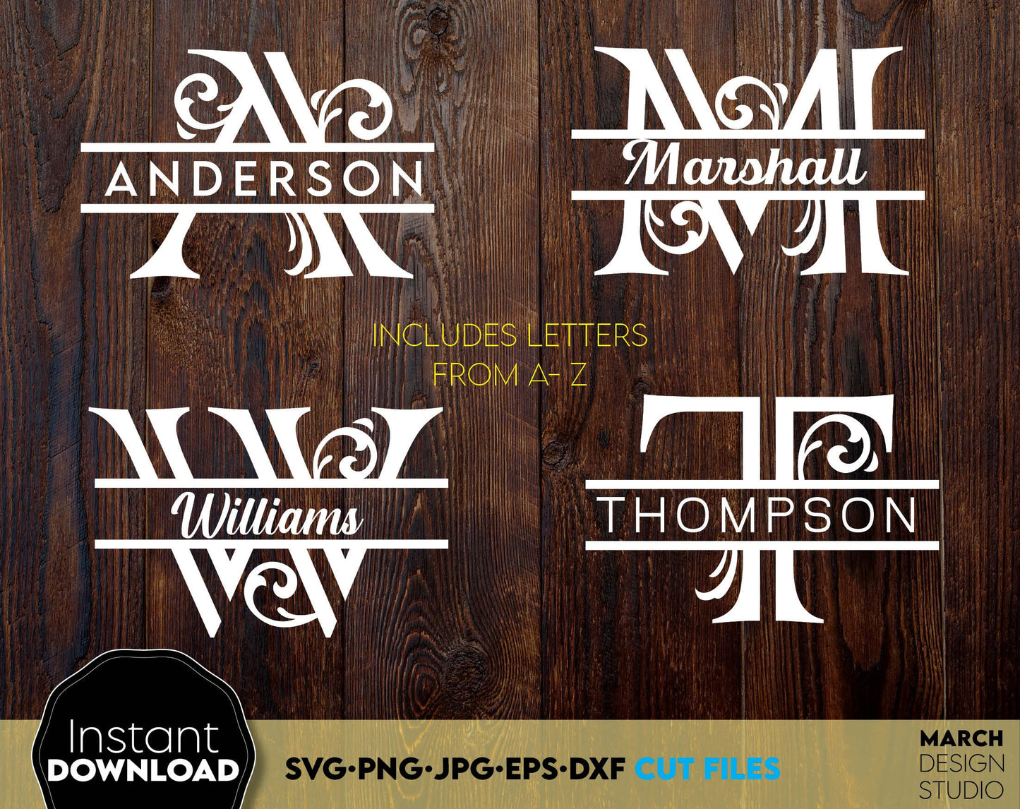 Split Monogram SVG bundle, letters A - Z for Your home decoration, wedding or Birthday gifts projects. May be for Your Farmhouse front porch sign. Buy now and enjoy!