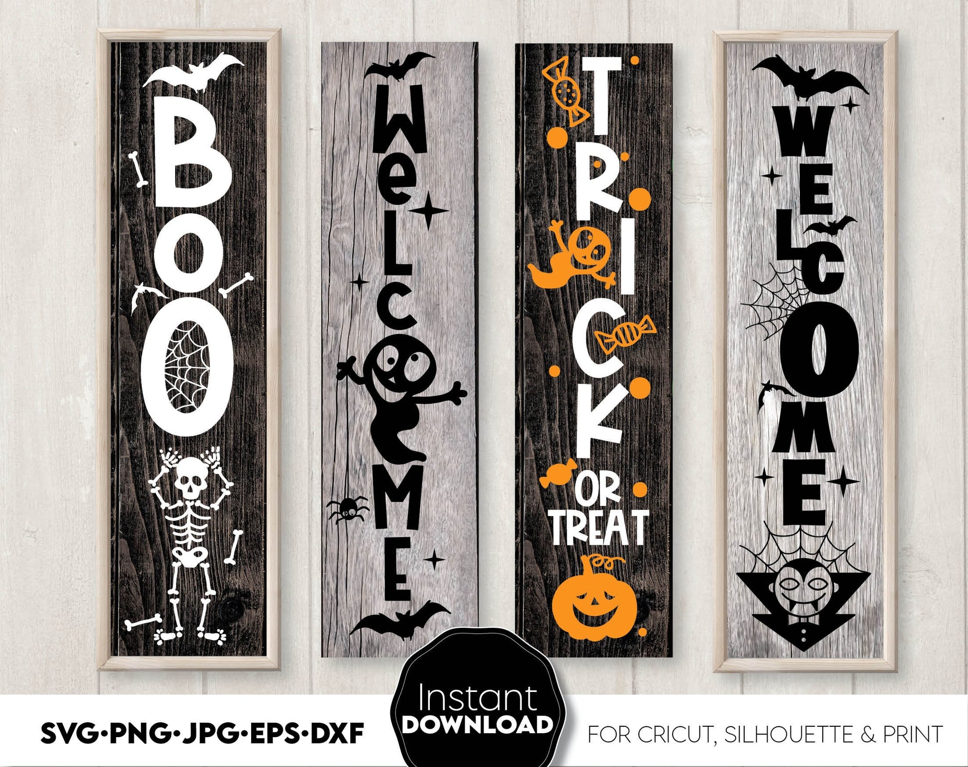 Halloween front porch vertical signs bundle for Your spooky time ornaments. SVG, PNG, JPG, EPS, DXF files included. Cut from vinyl, use for sublimation or laser cut projects. Compatible with Cricut, Silhouette or other machines. Buy now and enjoy!