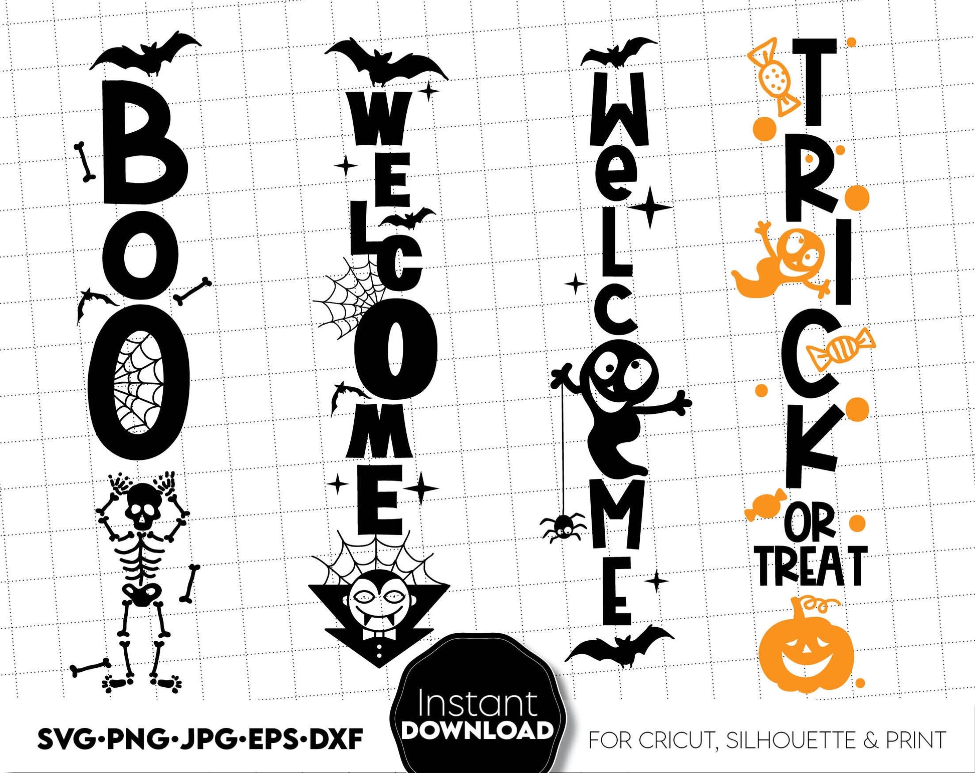 Halloween front porch vertical signs bundle for Your spooky time ornaments. SVG, PNG, JPG, EPS, DXF files included. Cut from vinyl, use for sublimation or laser cut projects. Compatible with Cricut, Silhouette or other machines. Buy now and enjoy!