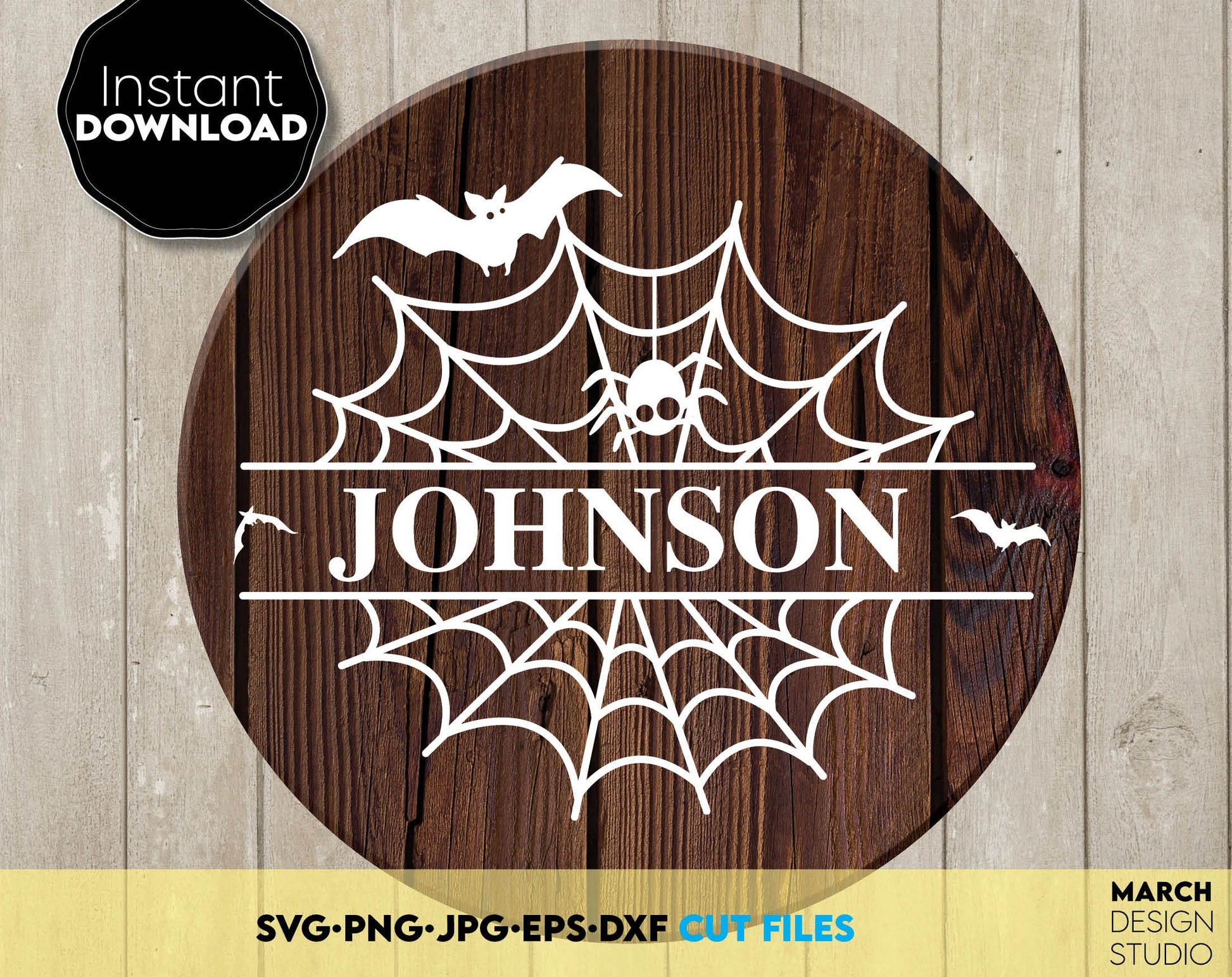 Funny Halloween sign with spider and split cobweb for Your Halloween welcome round hanger or porch sign. SVG PNG JPG EPS DXF files included. Compatible with Cricut, SIlhouette or other equipment. Cut from vinyl, use for sublimation or laser grave.