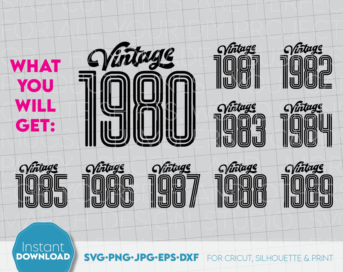 Vintage classic shirt design. All years from 1980 - 1989. Nice gift for dad of mom birthday. SVG, PNG, JPG, EPS and DXF files included. Compatible with Cricut, Silhouette or other machines. Use for cutting from vinyl, sublimation or laser cut project