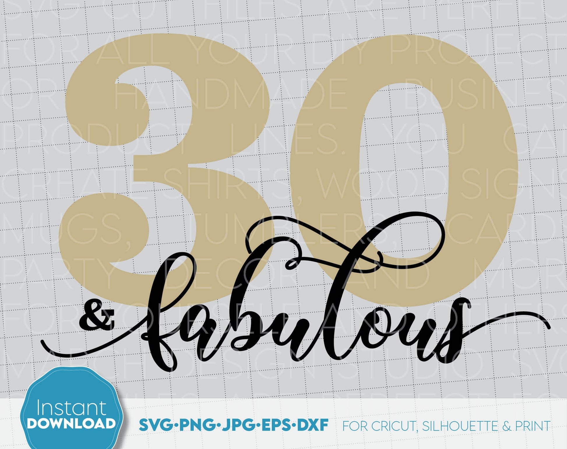 30 and fabulous design for your birthday gift or to make a holiday treat for yourself. Ability to sublimate and use with vinyl cutting machines. Great design at a great price - buy now! Use with Cricut, Silhouette and Glowforge equipment. Laser Cut.