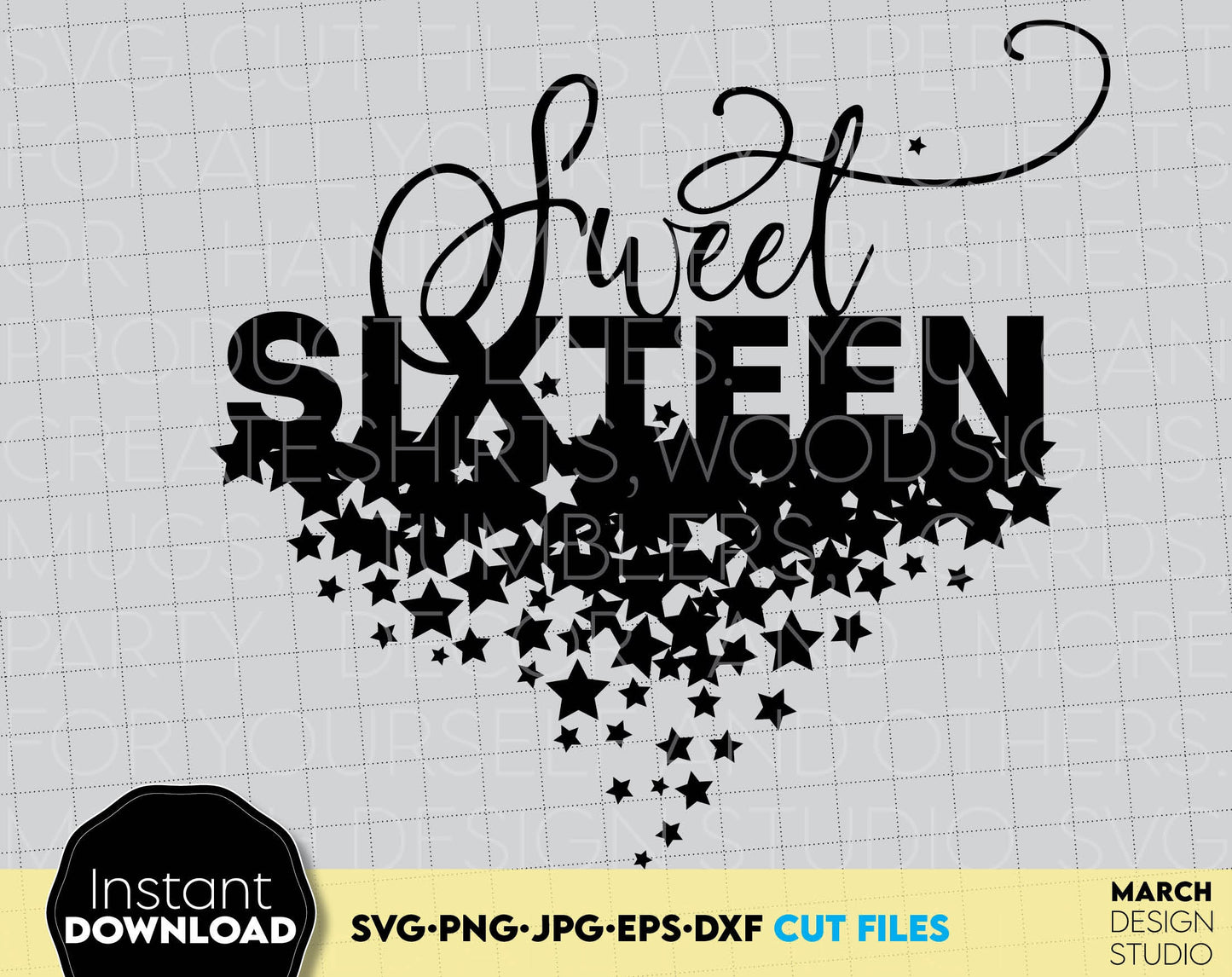 Cute sweet sixteen glittered shirt design. SVG, PNG, JPG, EPS, DXF files included. Cut from vinyl, use for sublimation or laser cut projects as well. Compatible with Cricut, Silhouette or other machines. Buy now for a good price and enjoy!