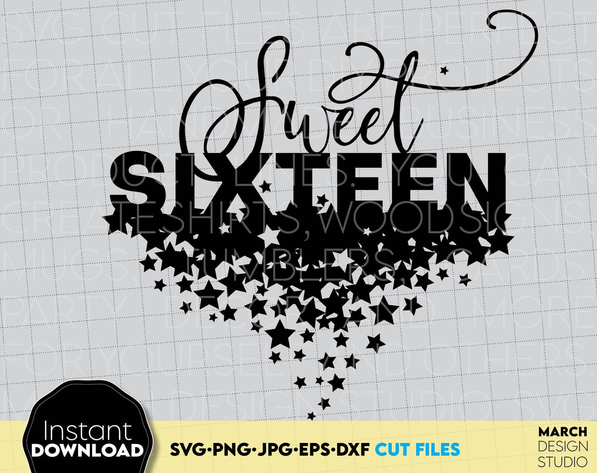 Cute sweet sixteen glittered shirt design. SVG, PNG, JPG, EPS, DXF files included. Cut from vinyl, use for sublimation or laser cut projects as well. Compatible with Cricut, Silhouette or other machines. Buy now for a good price and enjoy!