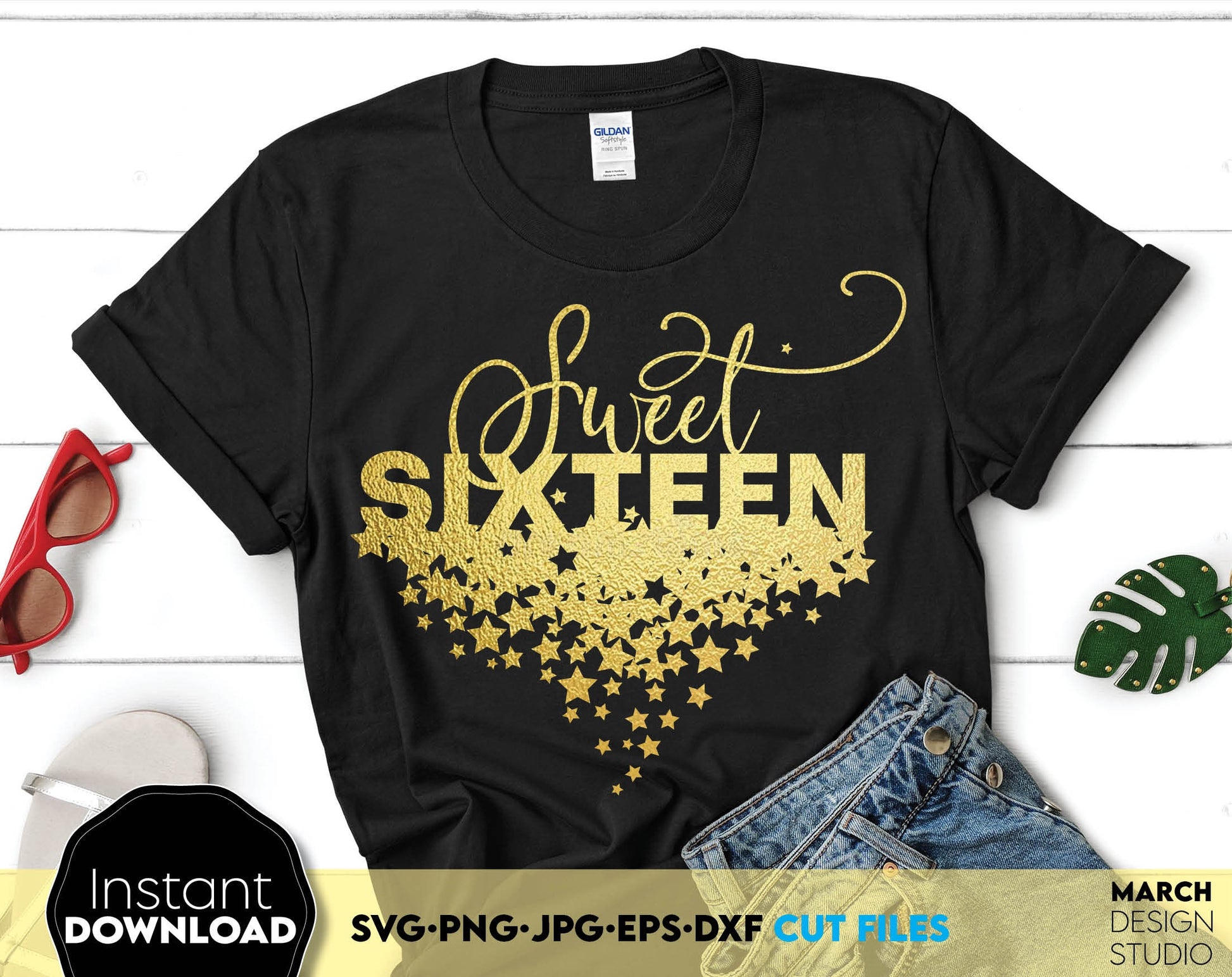 Cute sweet sixteen glittered shirt design. SVG, PNG, JPG, EPS, DXF files included. Cut from vinyl, use for sublimation or laser cut projects as well. Compatible with Cricut, Silhouette or other machines. Buy now for a good price and enjoy!