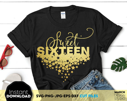 Cute sweet sixteen glittered shirt design. SVG, PNG, JPG, EPS, DXF files included. Cut from vinyl, use for sublimation or laser cut projects as well. Compatible with Cricut, Silhouette or other machines. Buy now for a good price and enjoy!