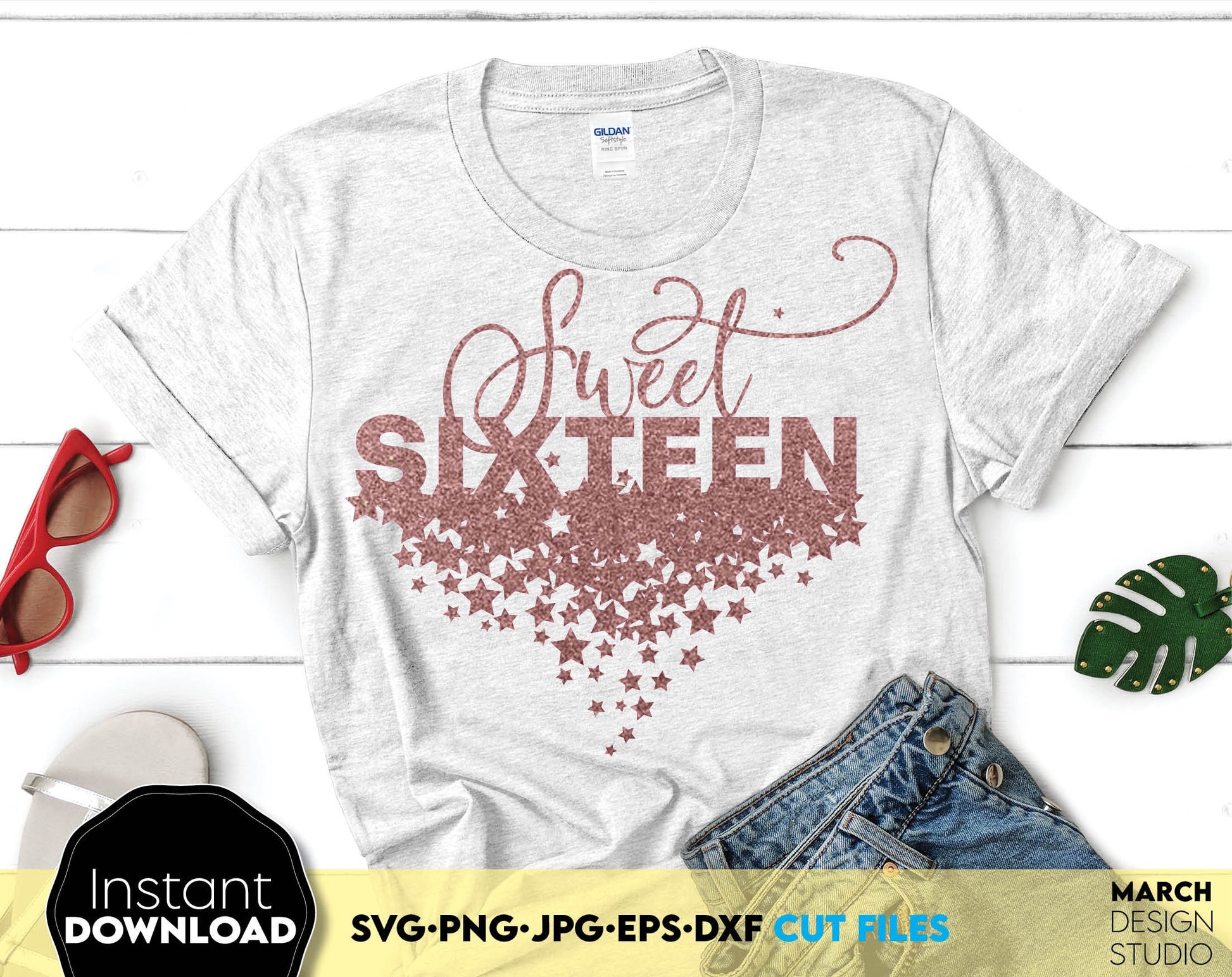 Cute sweet sixteen glittered shirt design. SVG, PNG, JPG, EPS, DXF files included. Cut from vinyl, use for sublimation or laser cut projects as well. Compatible with Cricut, Silhouette or other machines. Buy now for a good price and enjoy!