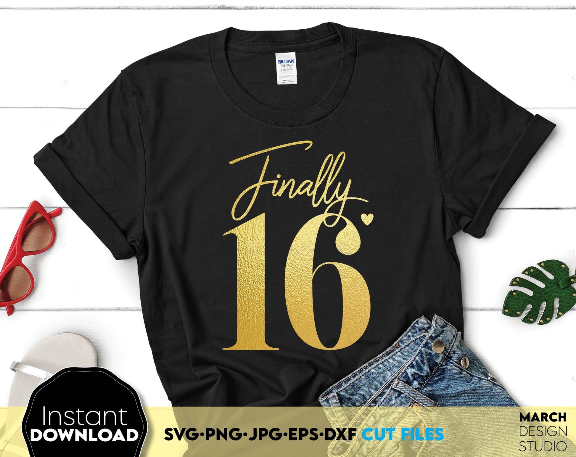 Finally 16. Beautiful design for 16th birthday shirts. SVG, PNG, JPG, EPS and DXF files included. Compatible with Cricut, Silhouette and others machines. Use for sublimation or laser cut projects as well. Buy now for a good - discount price. Enjoy!