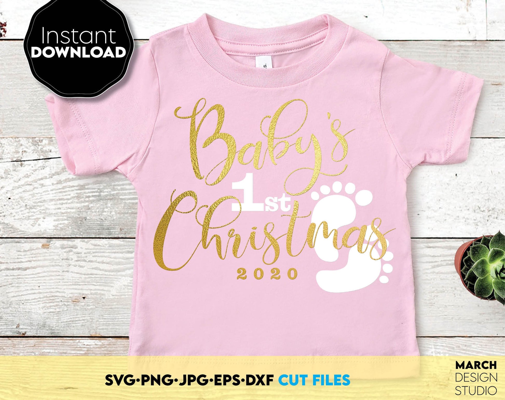 Baby`s 1st Christmas shirt design. Popular file formats included. Use for cutting from vinyl, use for sublimation or laser cut projects as well. Buy now for a good price and enjoy!