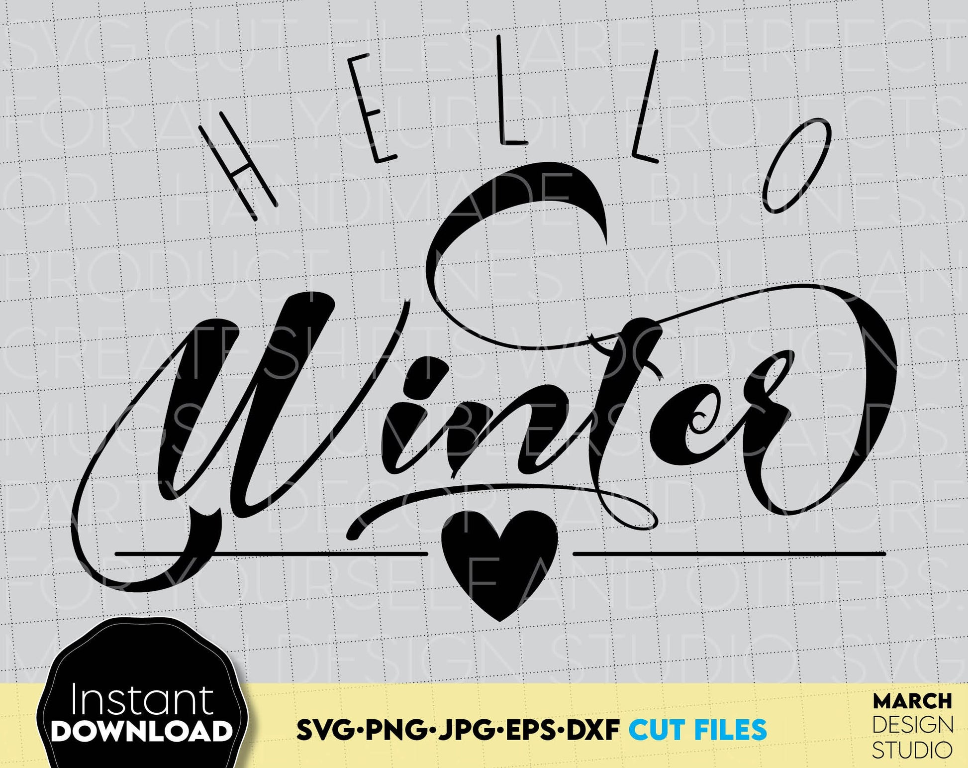 Hello winter design. Use for cutting form vinyl, sublimation or laser cut projects. SVG, PNG, DXF, EPS files included. Compatible with Cricut, Silhouette, Glowforge and other equipment. Buy now and enjoy!