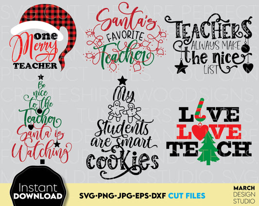Bundle with Teacher Christmas Designs Sayings will be perfect for Christmas. Make your Christmas special with this designs. Use to cut from vinyl with Cricut or use in a sublimation project. Make memories together with Your favorite teachers.