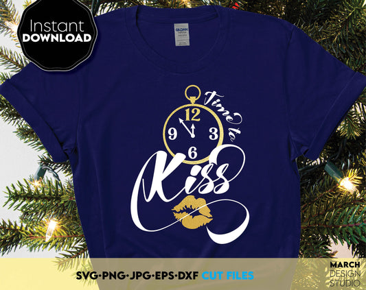 New Years shirt design. Time to kiss with clock and lips. SVG, PNG, DXF, EPS files included. Use for cut from vinyl, sublimation or laser cut projects. Compatible with Cricut, Silhouette or laser cut machines. Buy now for a good price and enjoy!