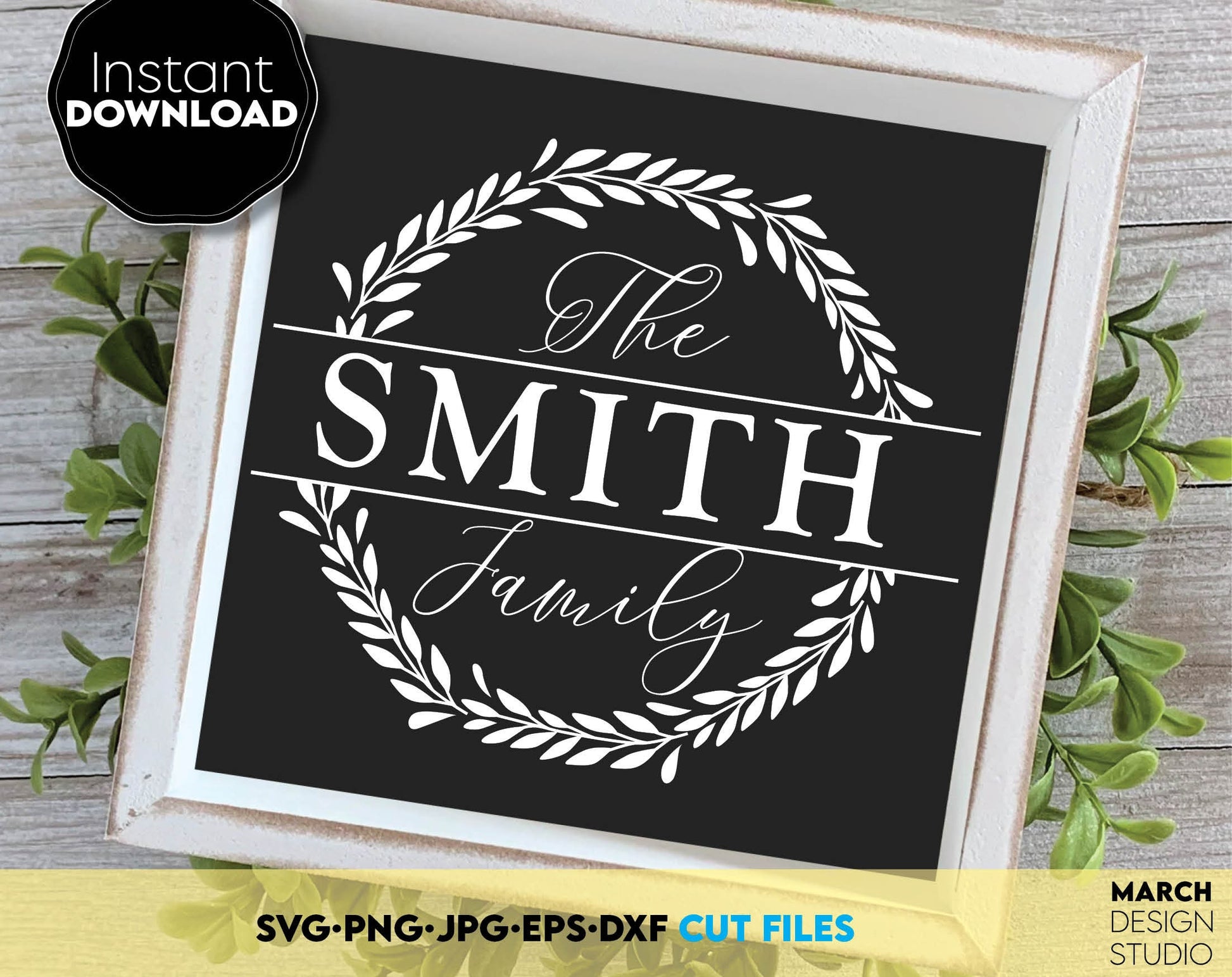 Custom Family Name Frame with Split monogram For last name. SVG PNG JPG EPS DXF files included. Compatible with Cricut, Silhouette or other equipment. Cut from vinyl, use for sublimation or laser cut or grave projects. Buy now for a good price, enjoy