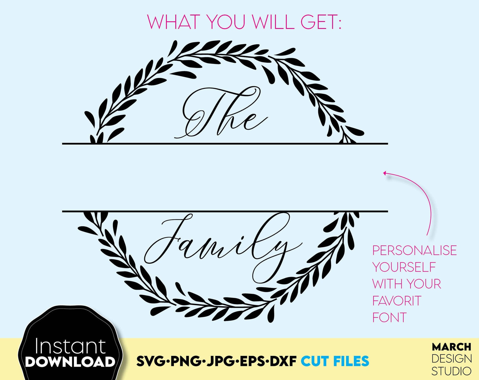 Custom Family Name Frame with Split monogram For last name. SVG PNG JPG EPS DXF files included. Compatible with Cricut, Silhouette or other equipment. Cut from vinyl, use for sublimation or laser cut or grave projects. Buy now for a good price, enjoy