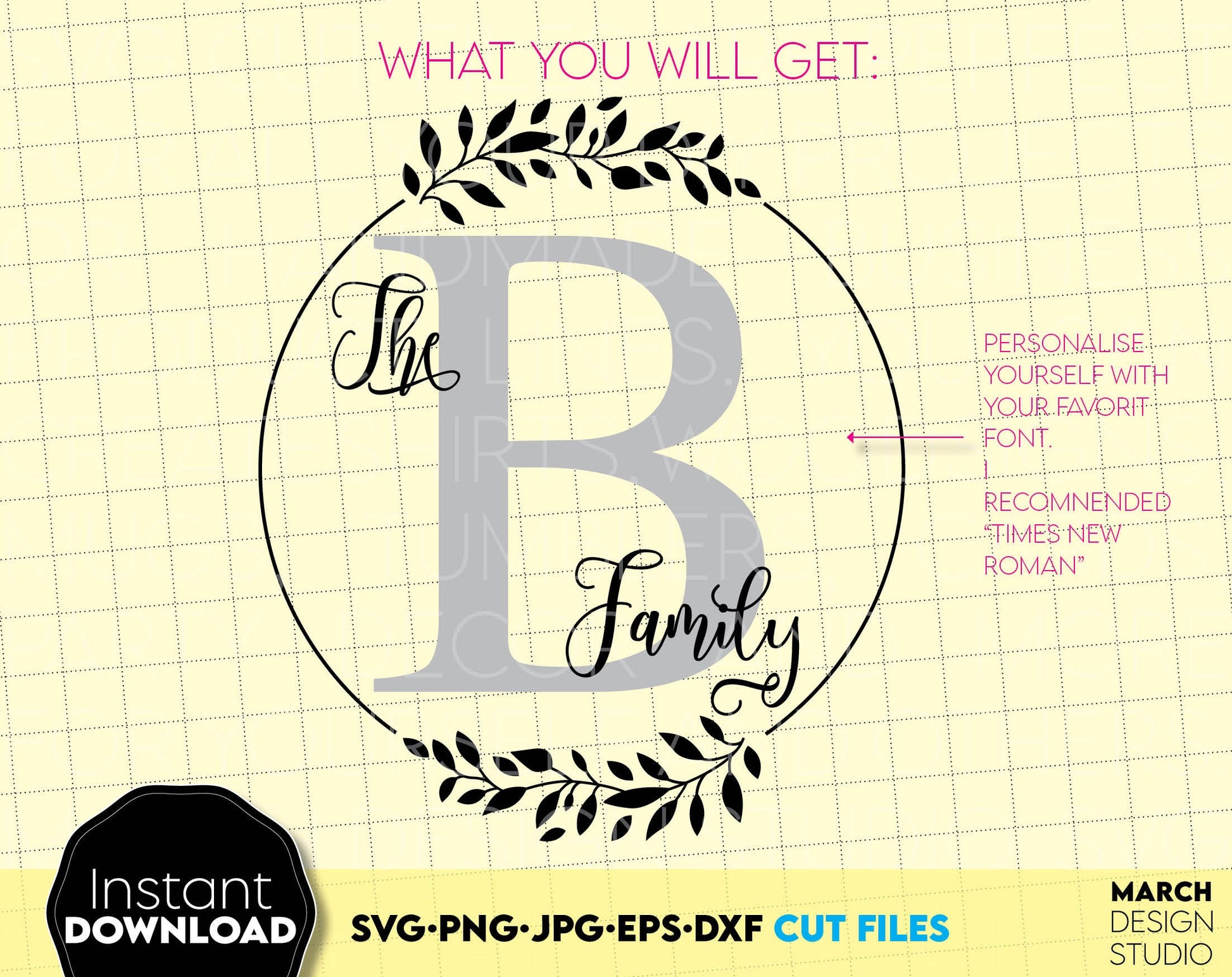 Letter B Wreath monogram font. Floral Circle monogram, SVG, PNG, DXF, EPS and JPG files included. Use for cutting from vinyl, for sublimation or laser cut projects. Compatible with Cricut, Silhouette and other machines. Buy now and enjoy!