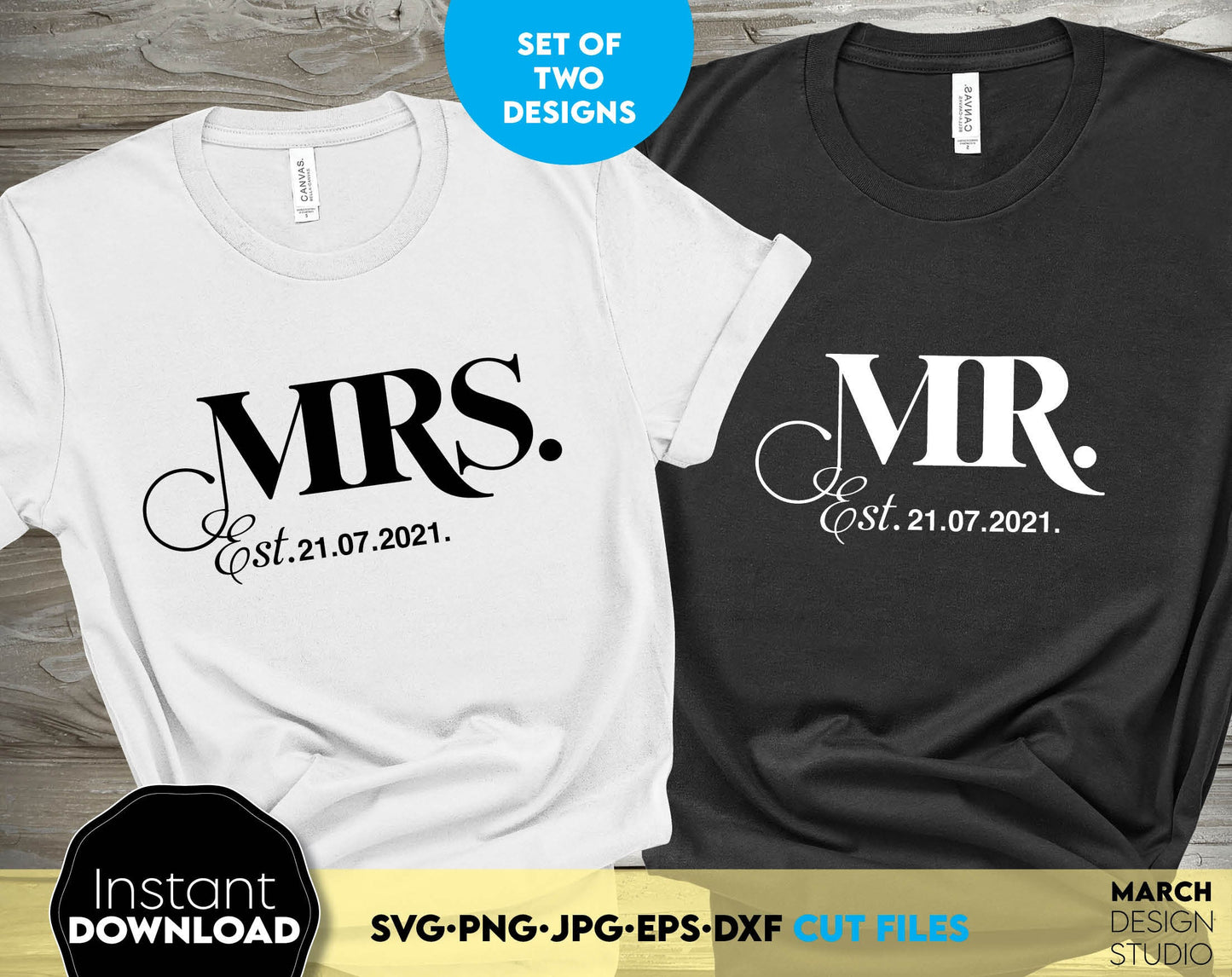 Mr and Mrs wedding shirt design for Your wedding, wedding anniversary or honeymoon shirts design. SVG PNG JPG EPS DXF files included. Compatible with Cricut, Silhouette or other equipment. Buy now for a good price and enjoy!