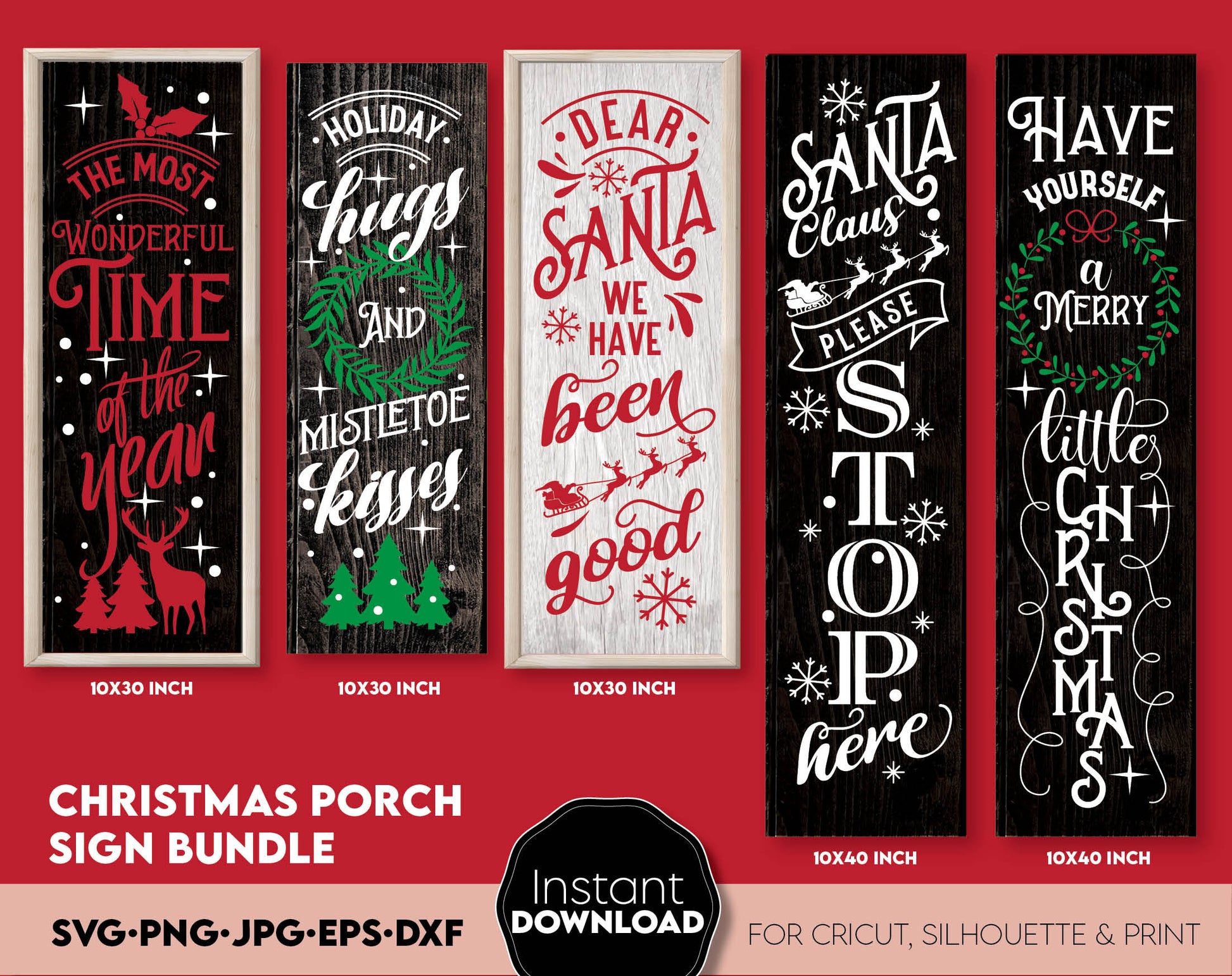 Christmas Vertical Porch SIgn svg Bundle. Use for cutting form vinyl, sublimation or laser cut projects. SVG, PNG, DXF, EPS files included. Compatible with Cricut, Silhouette, Glowforge and other equipment. Buy now and enjoy!