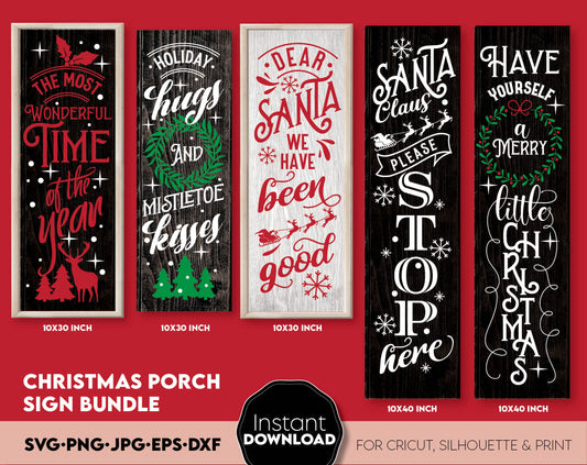 Christmas Vertical Porch SIgn svg Bundle. Use for cutting form vinyl, sublimation or laser cut projects. SVG, PNG, DXF, EPS files included. Compatible with Cricut, Silhouette, Glowforge and other equipment. Buy now and enjoy!