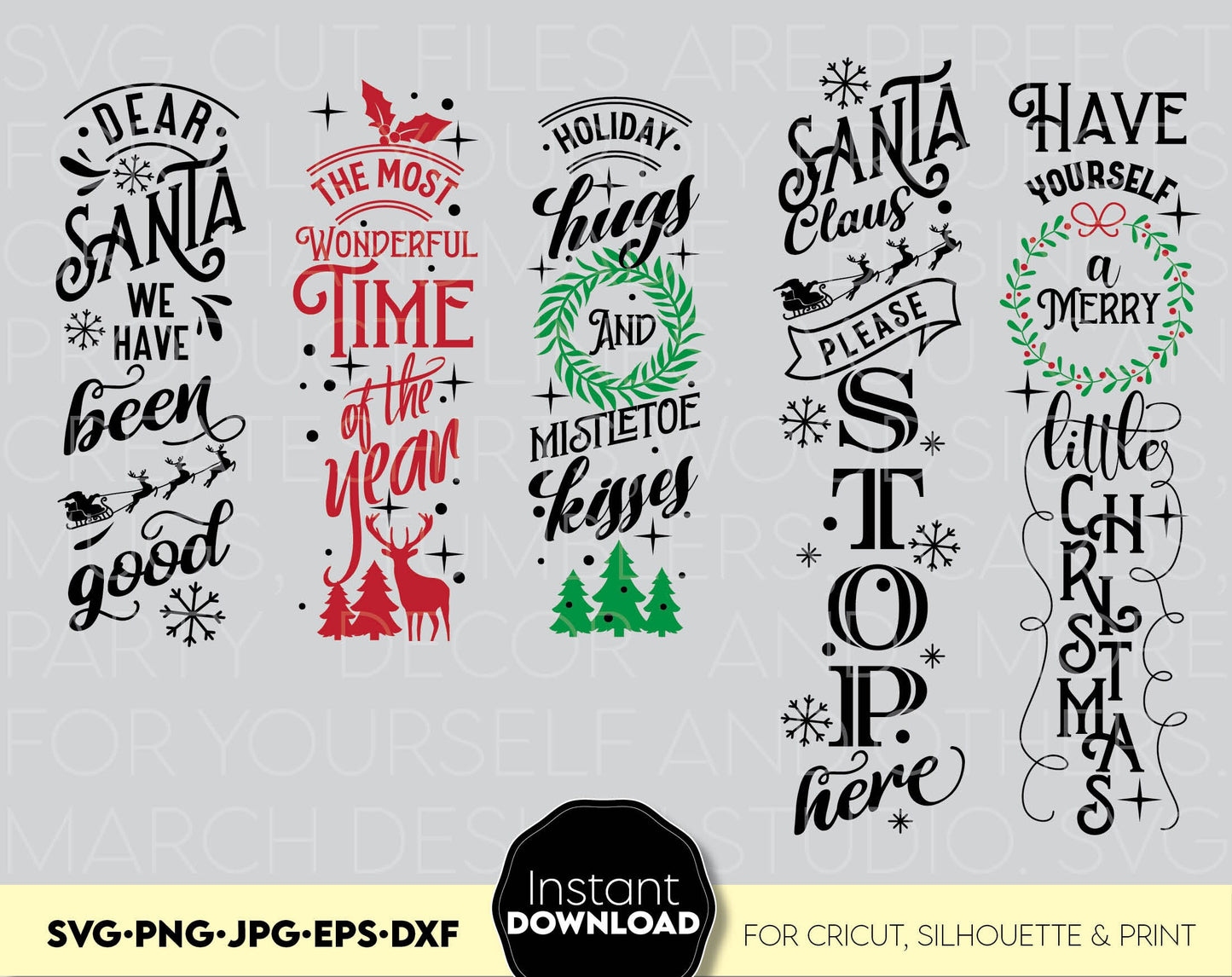 Christmas Vertical Porch SIgn svg Bundle. Use for cutting form vinyl, sublimation or laser cut projects. SVG, PNG, DXF, EPS files included. Compatible with Cricut, Silhouette, Glowforge and other equipment. Buy now and enjoy!