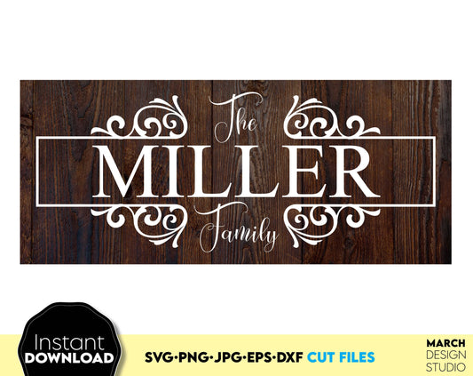 Family Sign a great and personalized design that can be used to create great gifts. This Name Sign allow creating wedding gifts, family name monograms or as a personal birthday gift. Cut from vinyl or can also be used perfectly for laser cutting.