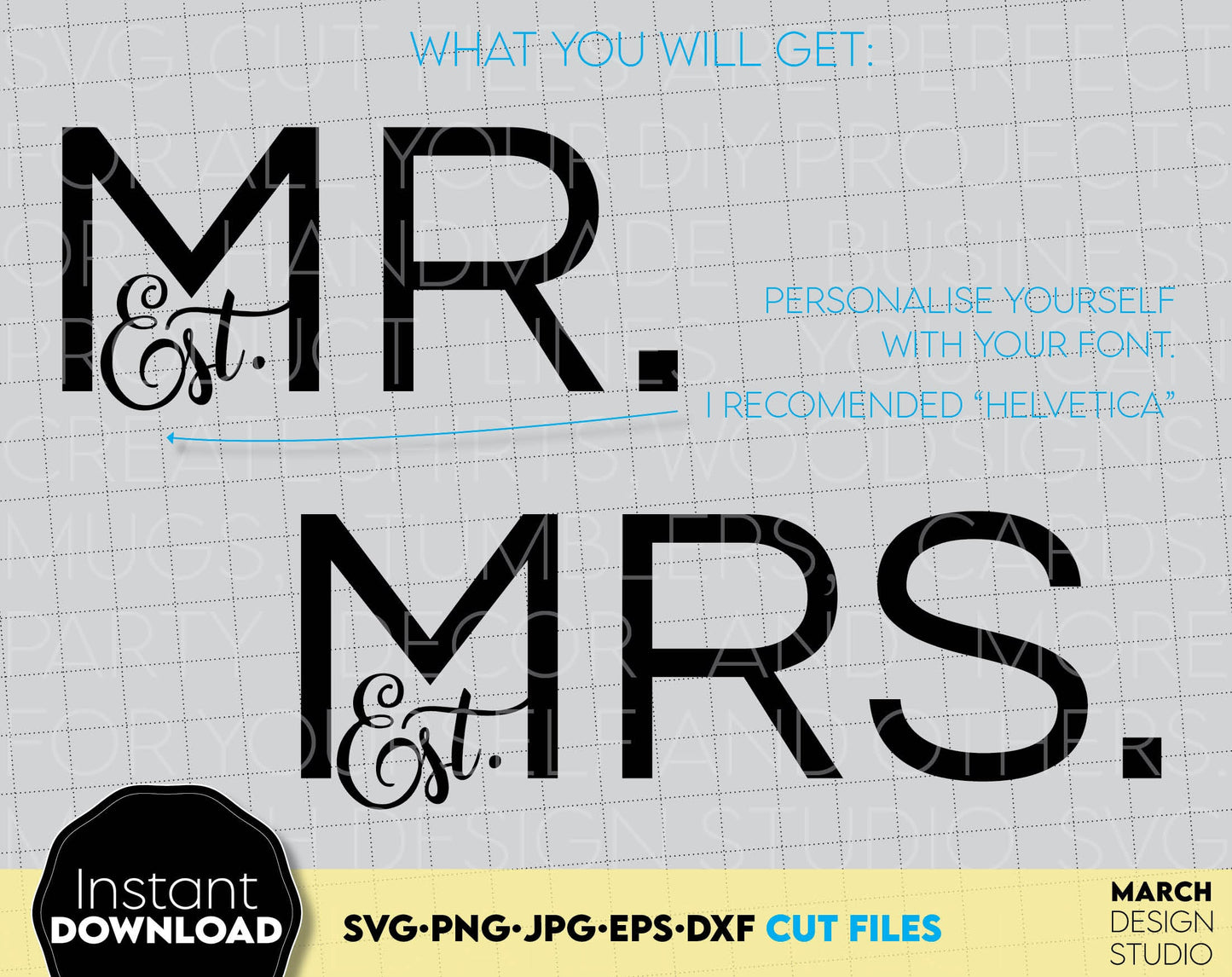 Mr. and Mrs. Sign for Your Wedding decoration or use as gift. SVG, DXF, EPS, PNG, JPG  file formats included and allow use this design with vinyl, sublimation or laser cut files. Compatible with Cricut, Silhouette or other machines. Buy now and enjoy