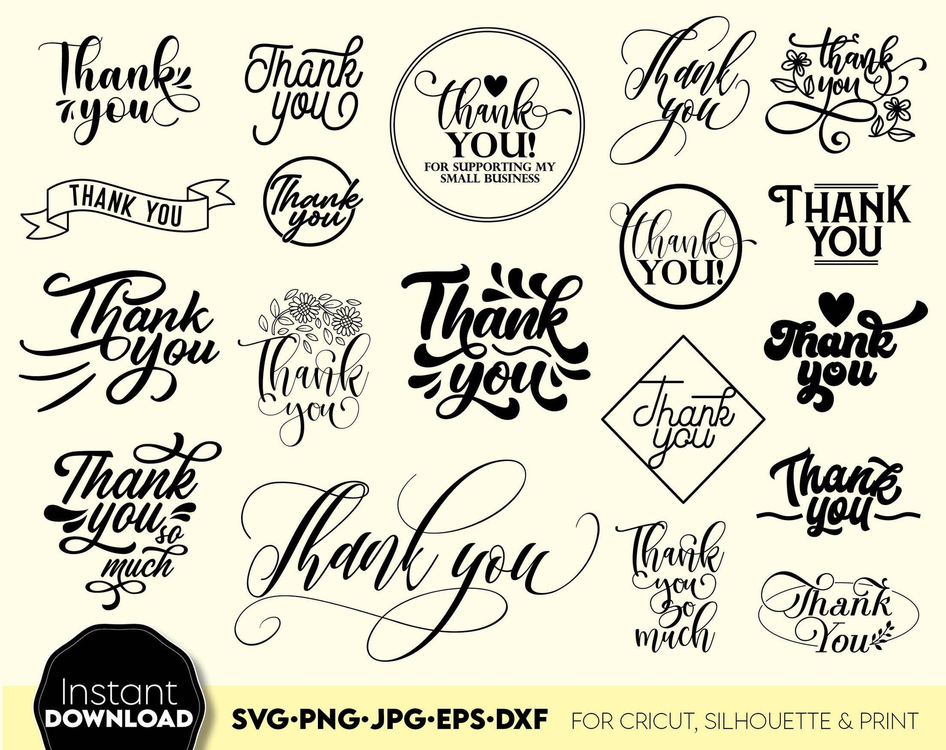 Thanks You saying bundle for Your stickers and more. SVG, PNG, JPG, EPS and DXF files included. Compatible with Cricut, Silhouette and Glowforge equipment. Cut from vinyl, use for printing, sublimation or laser cut / grave projects. Buy now and enjoy